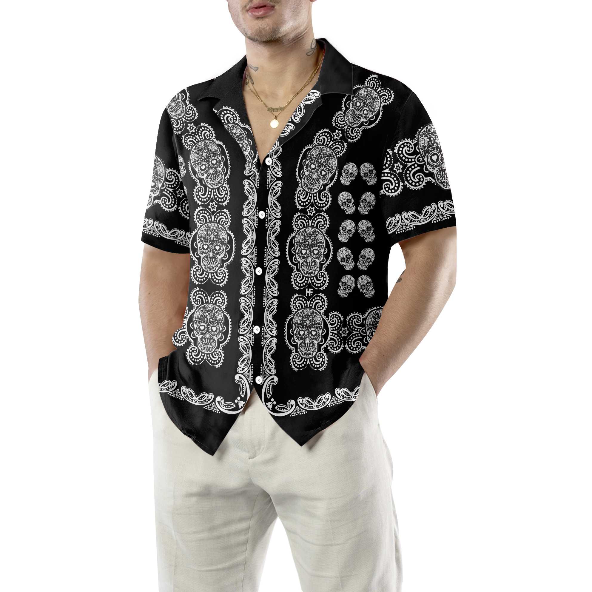 Black And White Sugar Skull Calavera Hawaiian Shirt Day of The Dead Mexican Skull Shirt Aloha Shirt For Men and Women