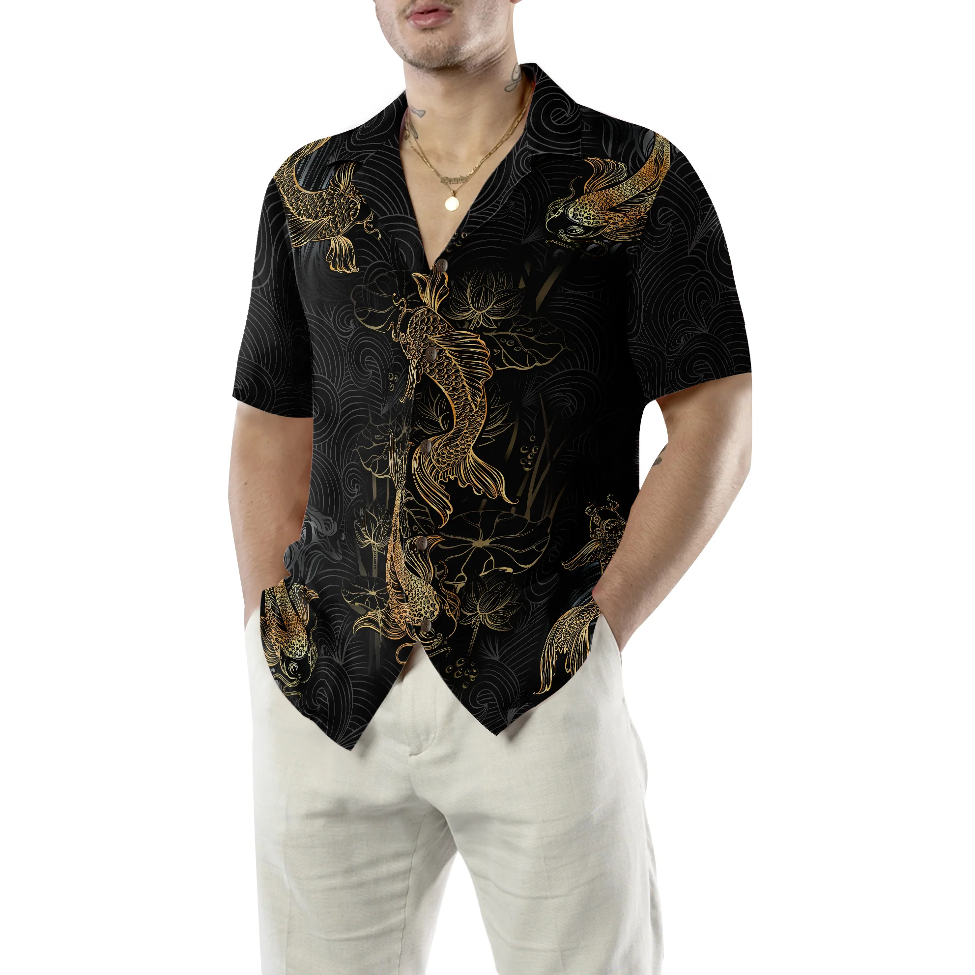 Golden Koi Fish On Waves Hawaiian Shirt Aloha Shirt For Men and Women