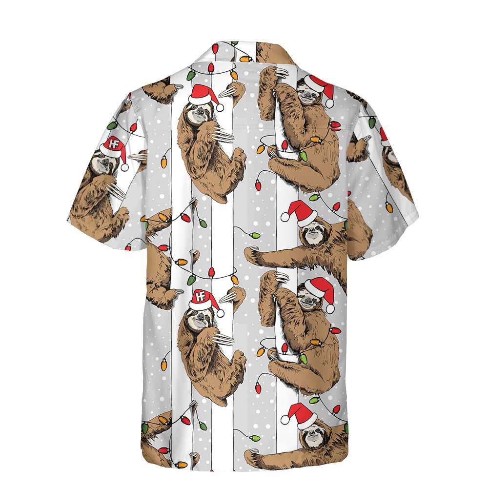 Funny Sloth In Santa Hat Grey Christmas Hawaiian Shirt Best Christmas Sloth Hawaiian Shirt For Sloth Lover Aloha Shirt For Men and Women