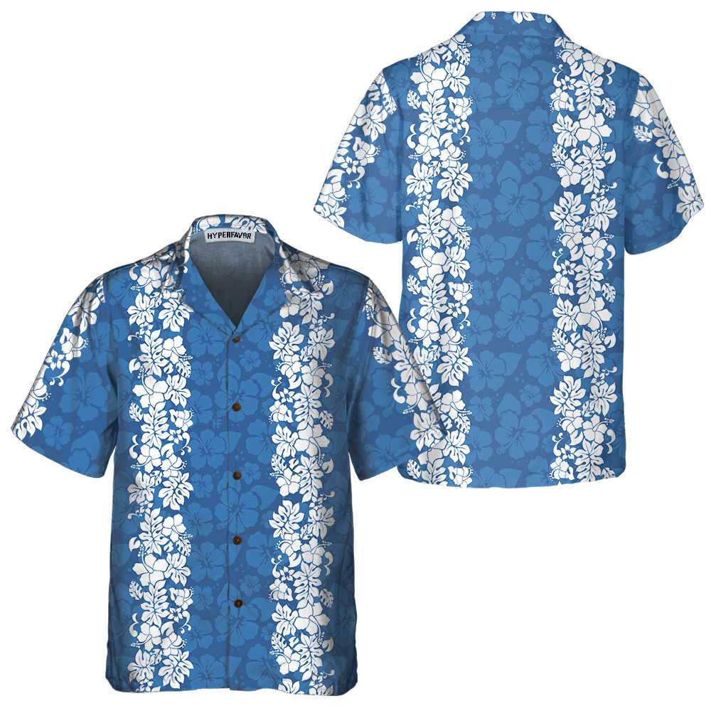 Blue Hibiscus Pattern Hawaiian Shirt Short Sleeve Vintage White And Blue Hibiscus Print Shirt Aloha Shirt For Men and Women