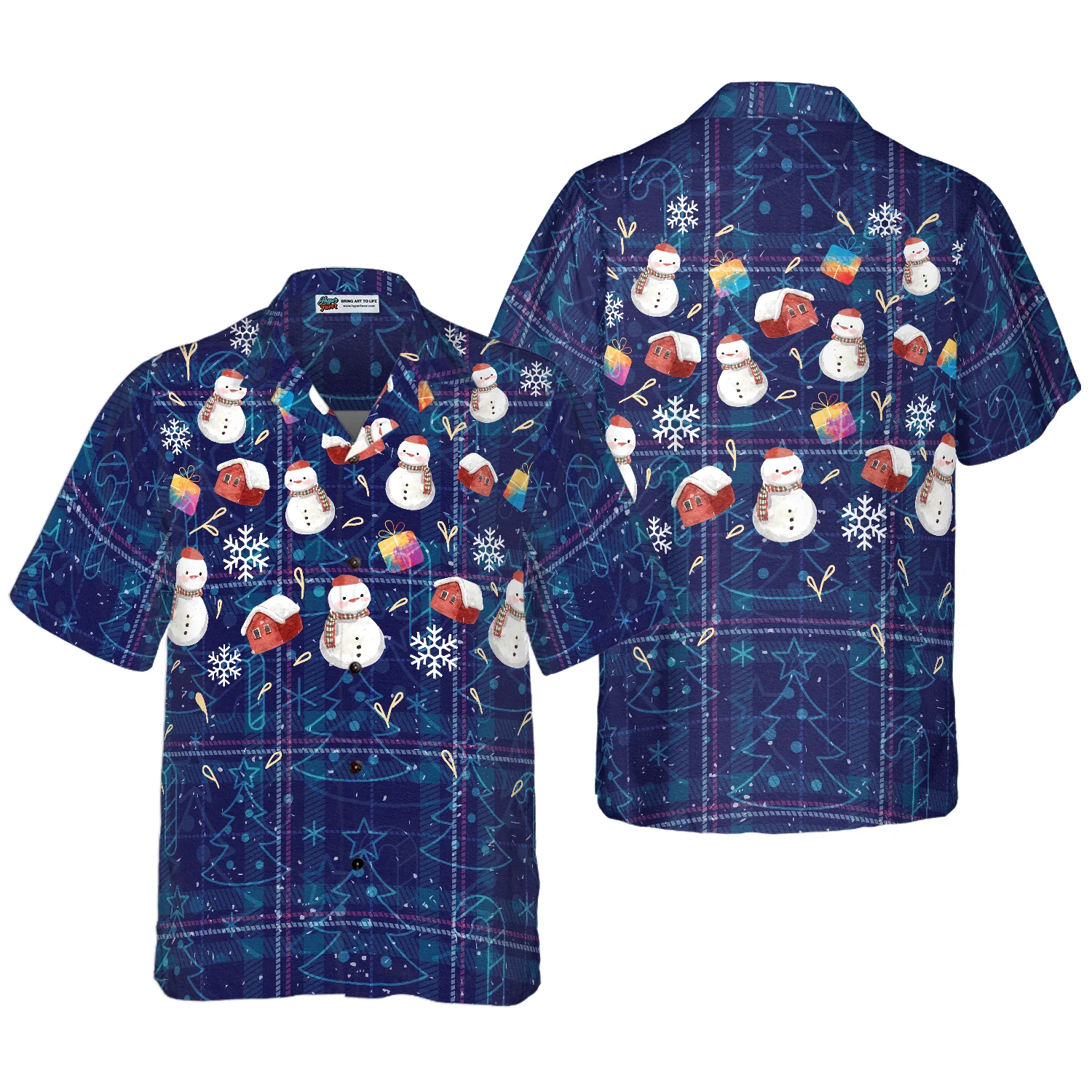 Hyperfavor Christmas Hawaiian Shirts Christmas Snowman Dark Blue Plaid Pattern Shirt Short Sleeve Christmas Shirt Idea Gift Aloha Shirt For Men and Women