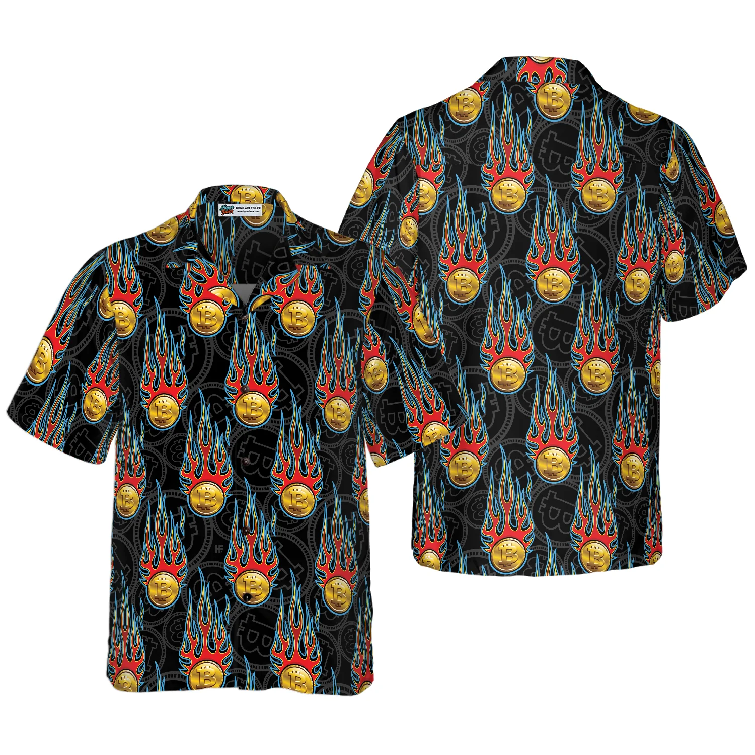 Digital Bitcoin Crypto Currency Pattern With Hotrod Flame Hawaiian Shirt Aloha Shirt For Men and Women