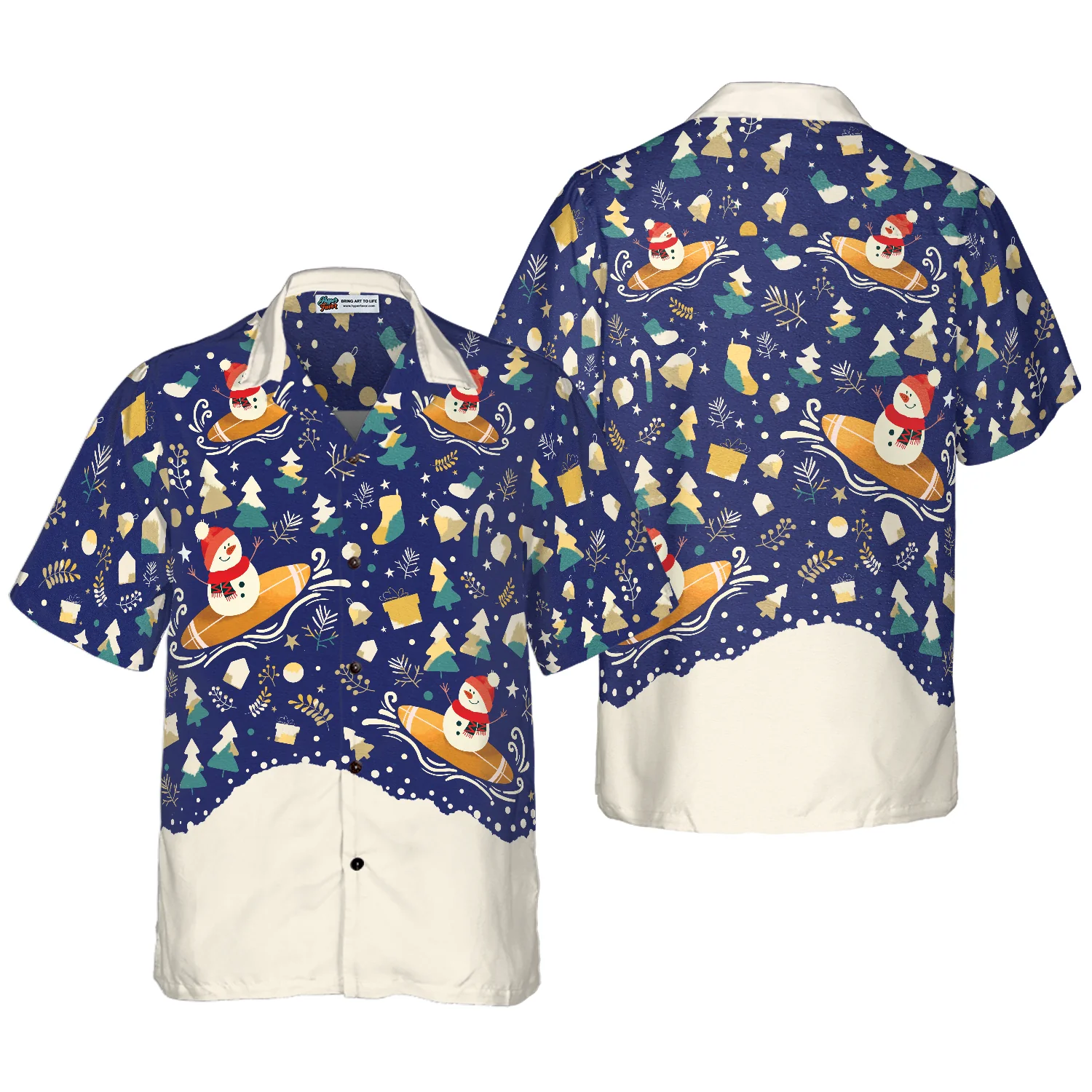 Hyperfavor Christmas Snowman Surfing Hawaiian shirt Christmas Shirts Short Sleeve Button Down Shirt Aloha Shirt For Men and Women