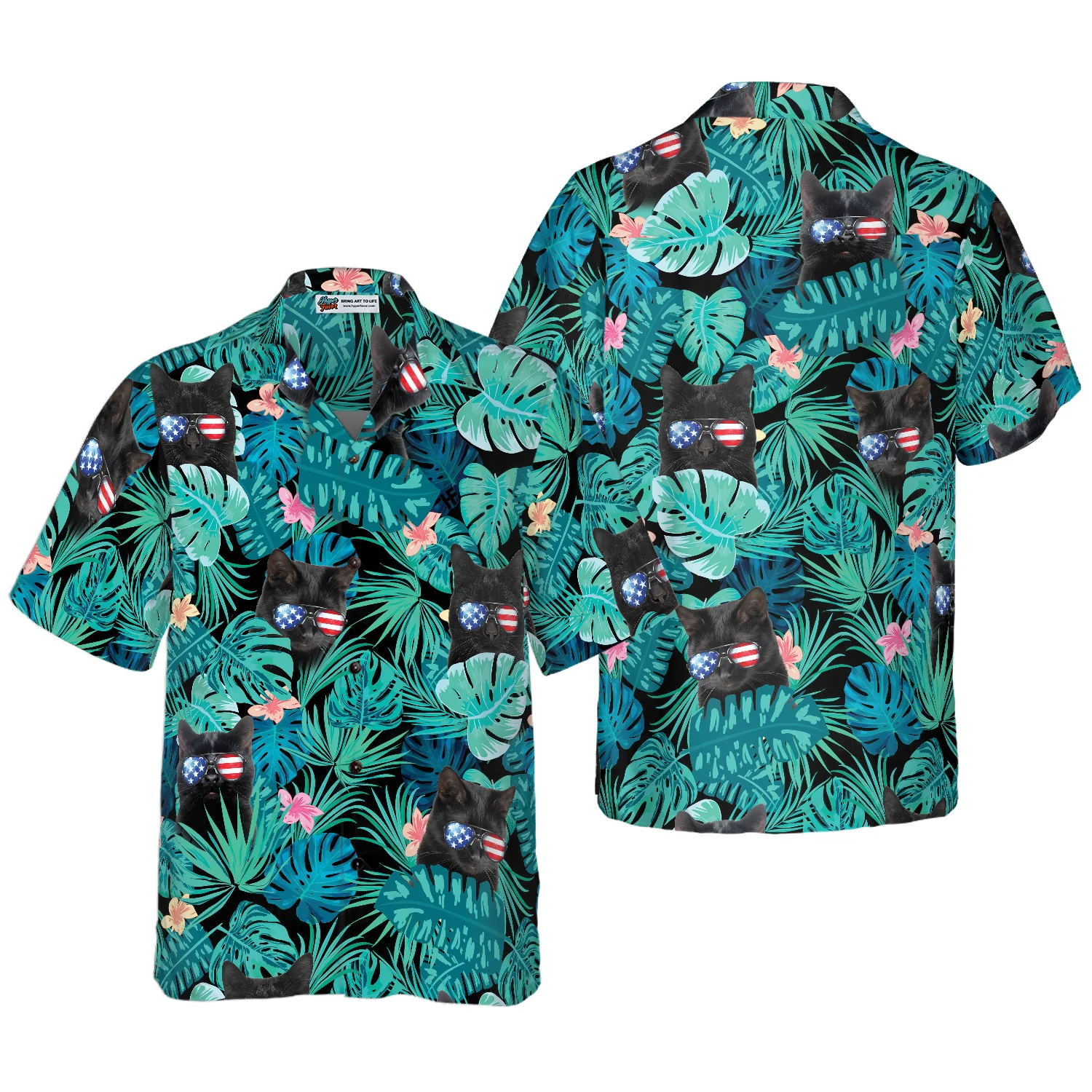 Black Cat Tropical Fourth Of July Hawaiian Shirt Aloha Shirt For Men and Women