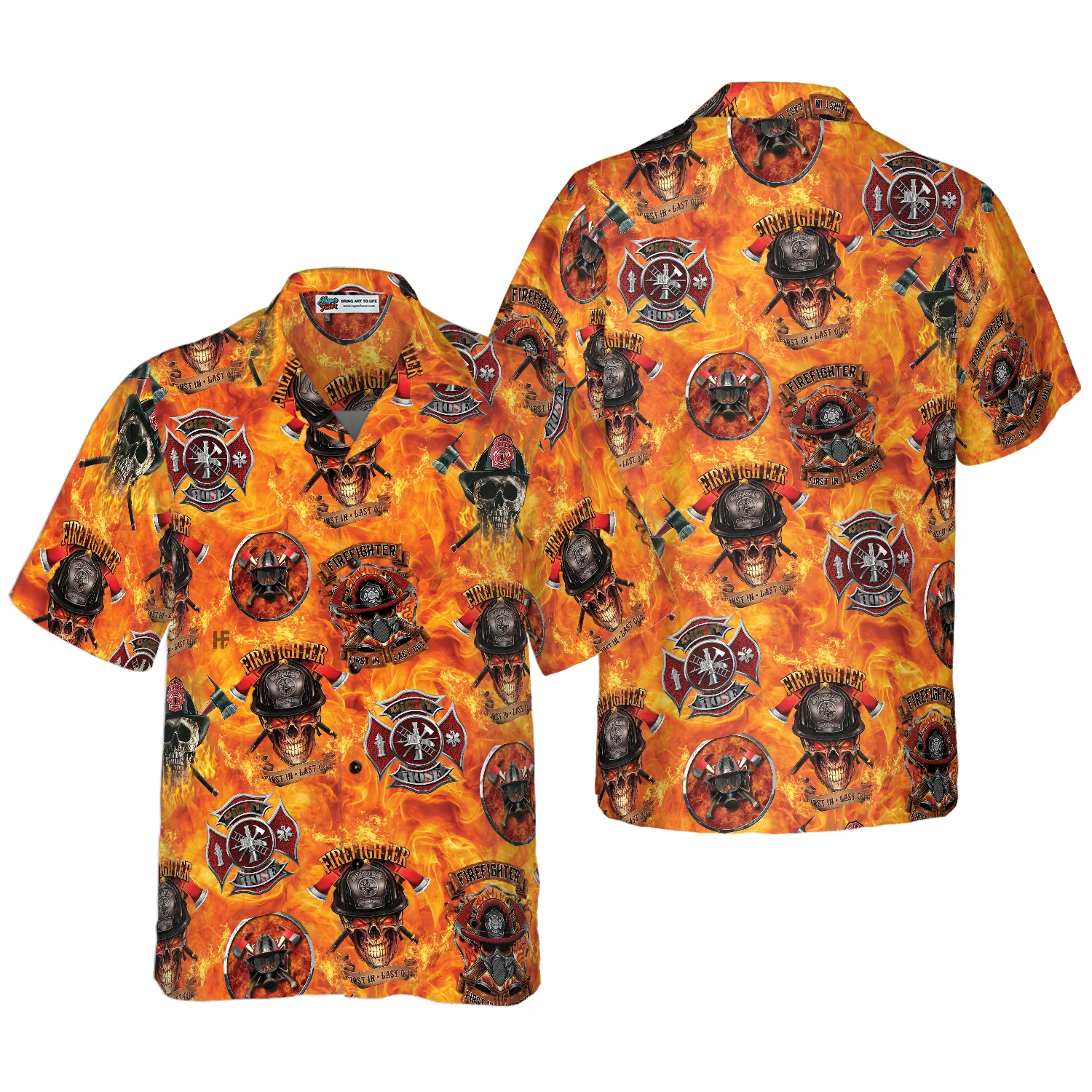 First In Last Out Firefighter Hawaiian Shirt Viking Style Flame Skull Shield Firefighter Shirt Aloha Shirt For Men and Women