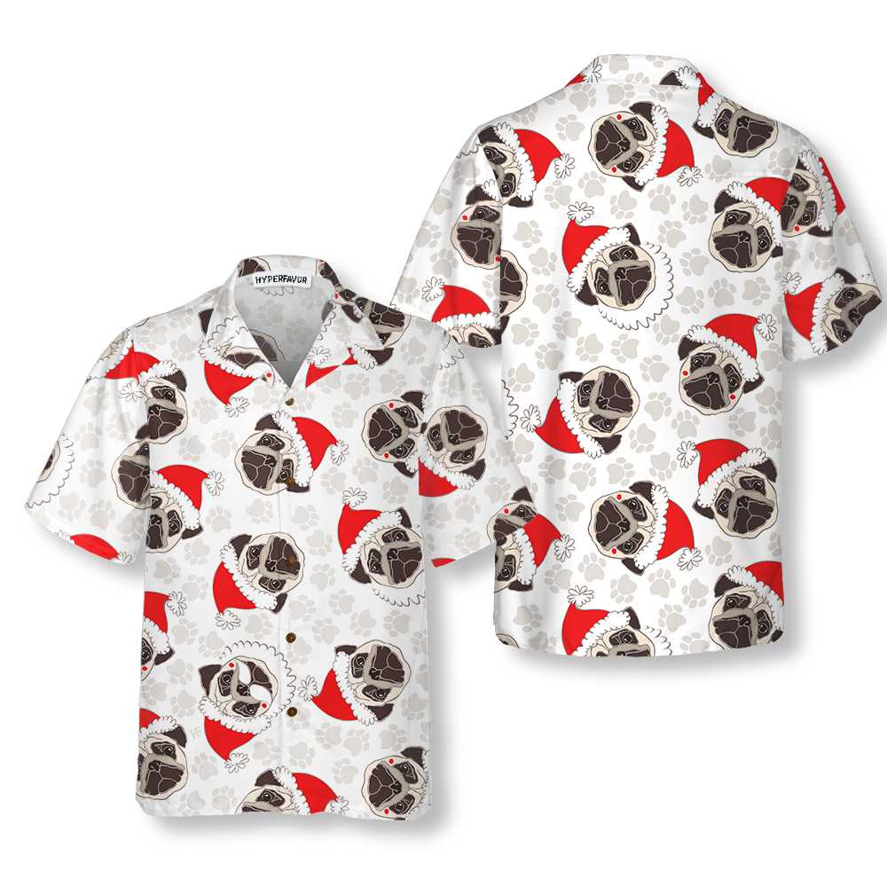 Pug Dog In Santa Hat Hawaiian Shirt Funny Dog Christmas Shirt Christmas Gift For Pug Lovers Aloha Shirt For Men and Women