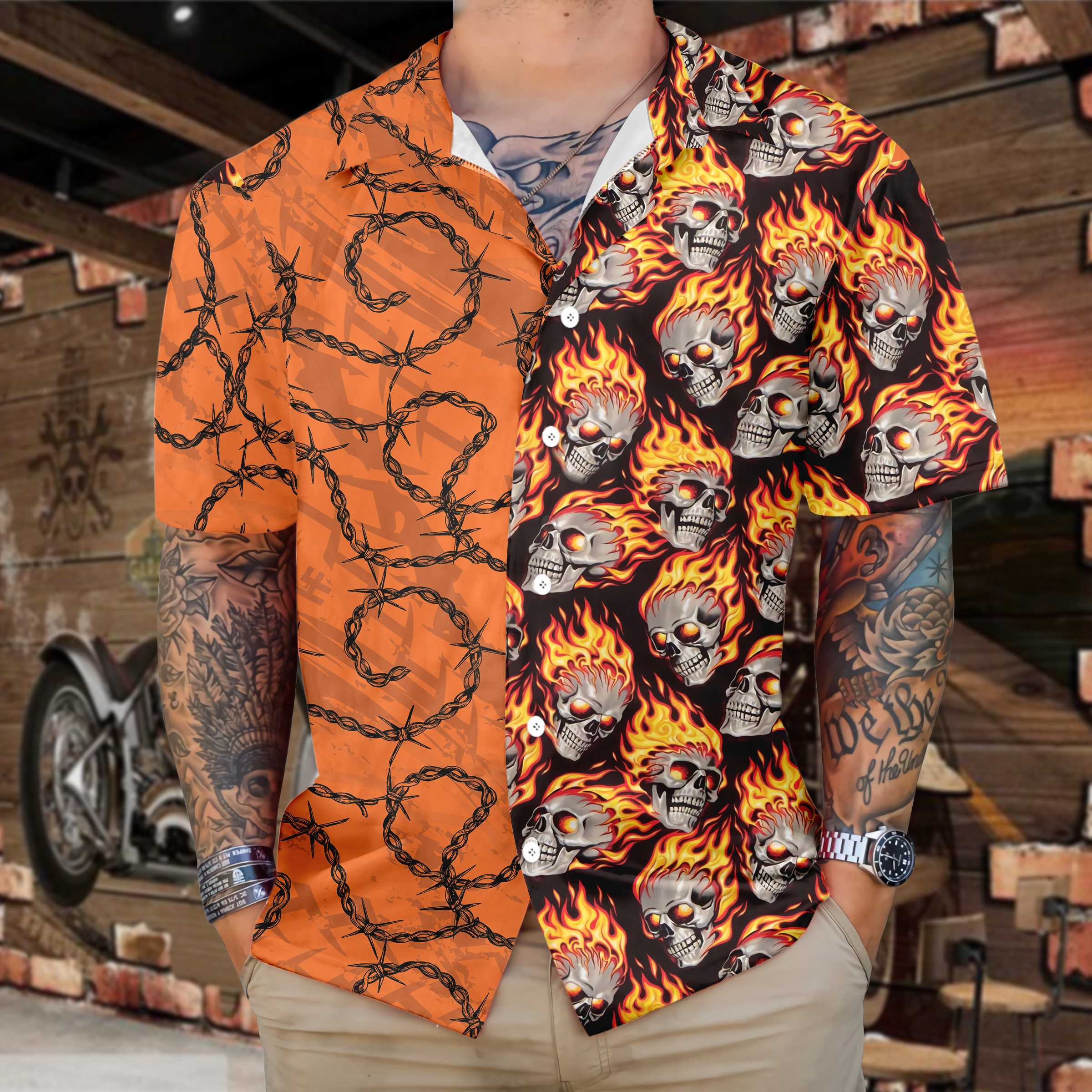 Barbwire Fire Skull Biker Motorcycle Hawaiian Shirt Unique Gift For Bikers Aloha Shirt For Men and Women