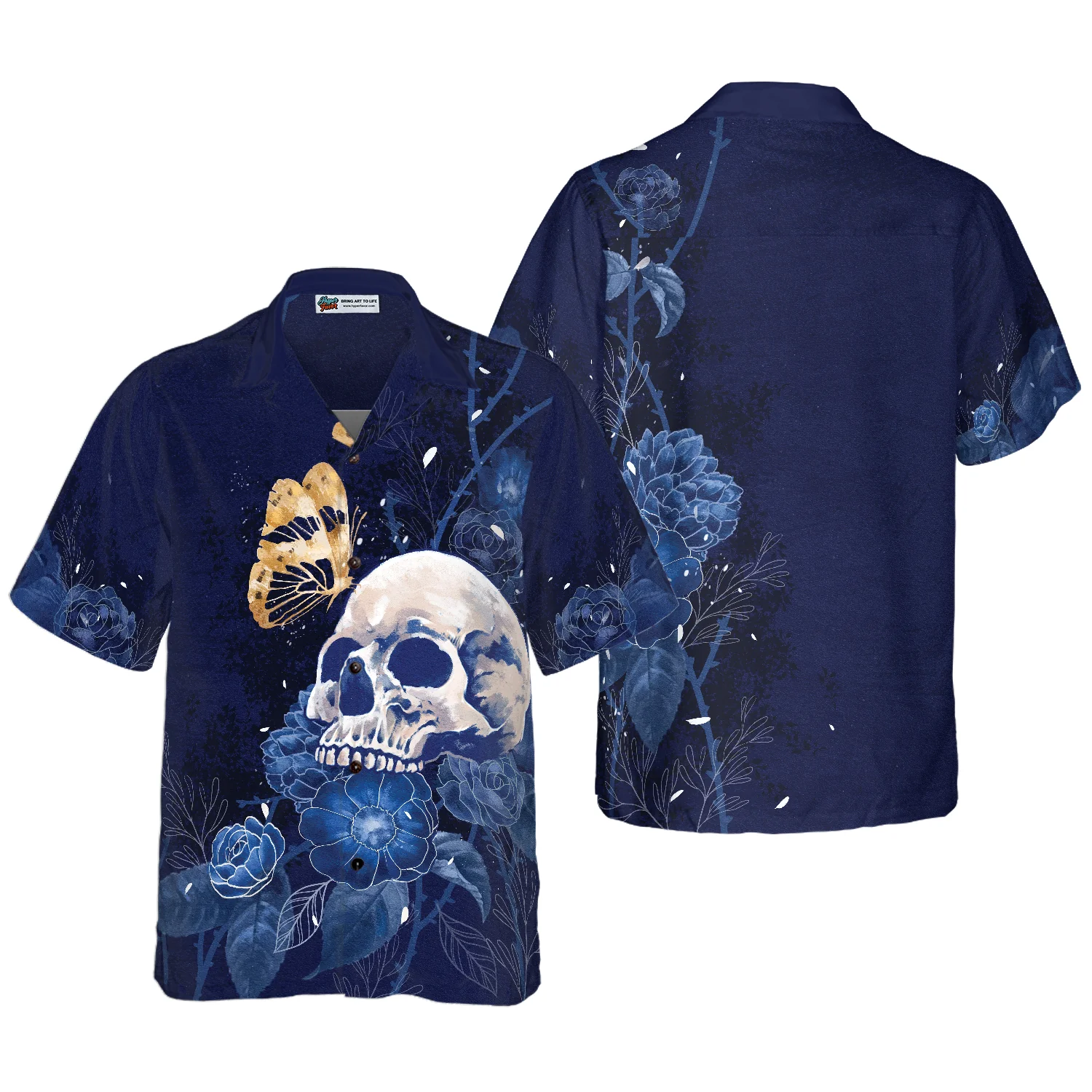 Artistic Gothic Skull with Butterfly Hawaiian Shirt Blue Peony Flowers Goth Hawaiian Shirt Aloha Shirt For Men and Women