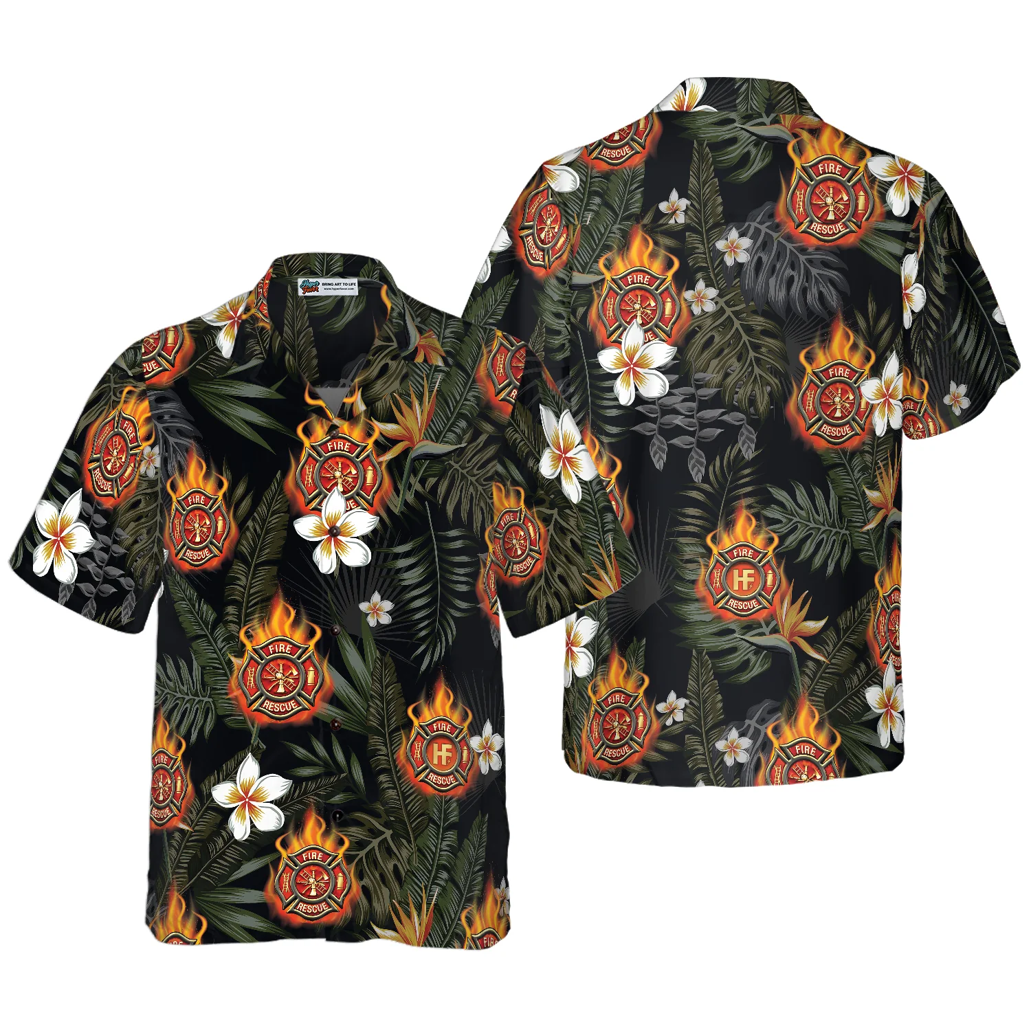 Firefighter Logo On Flame And Black Tropical Seamless Firefighter Hawaiian Shirt Floral Firefighter Shirt Aloha Shirt For Men and Women