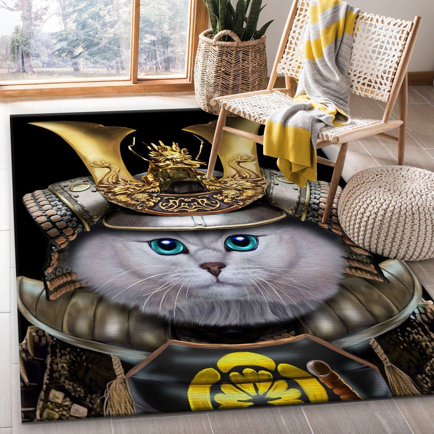 Japan Samurai Warrior Cat Area Rug Kitchen Rug Home US Decor - Indoor Outdoor Rugs