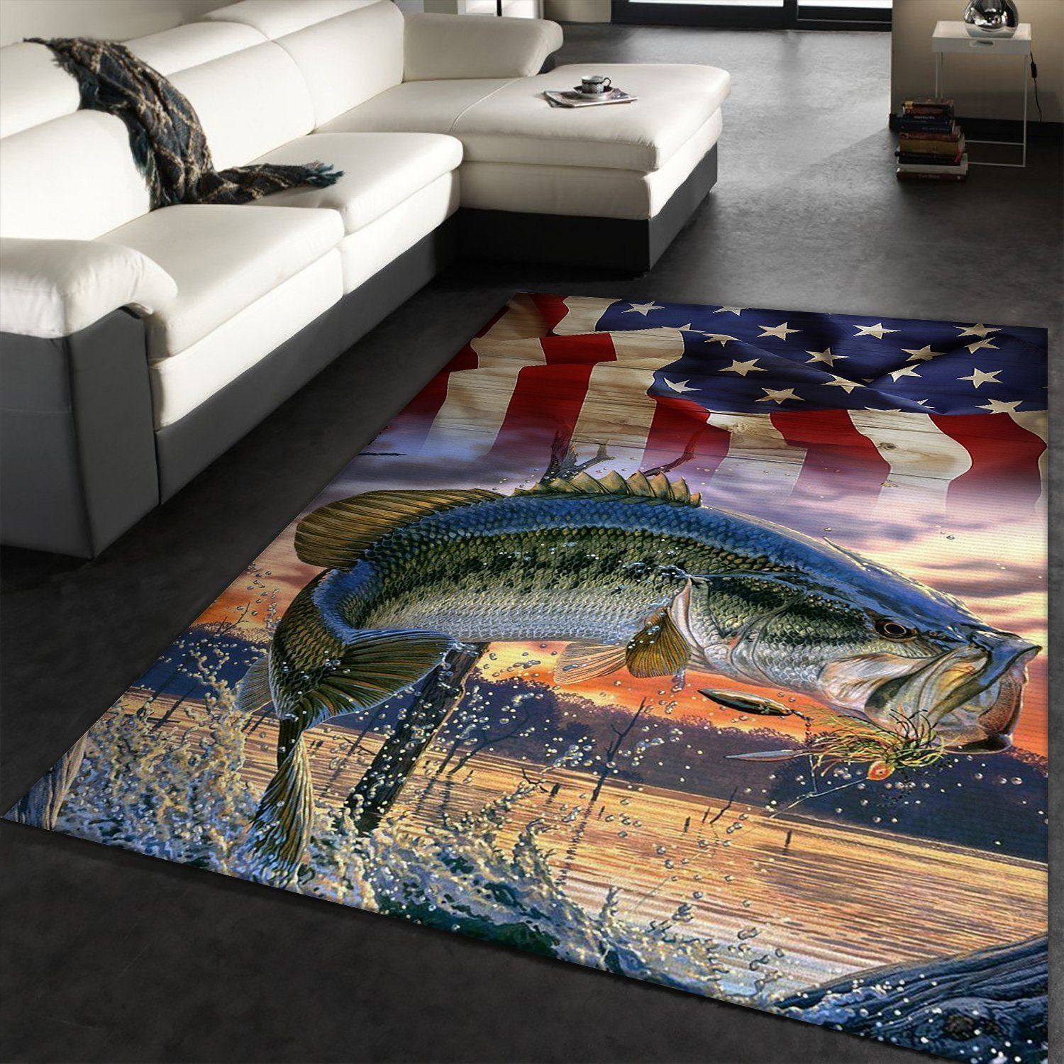 Bass Fish American Flag Area Rug Carpets Living Room Rugs Floor Decor - Indoor Outdoor Rugs