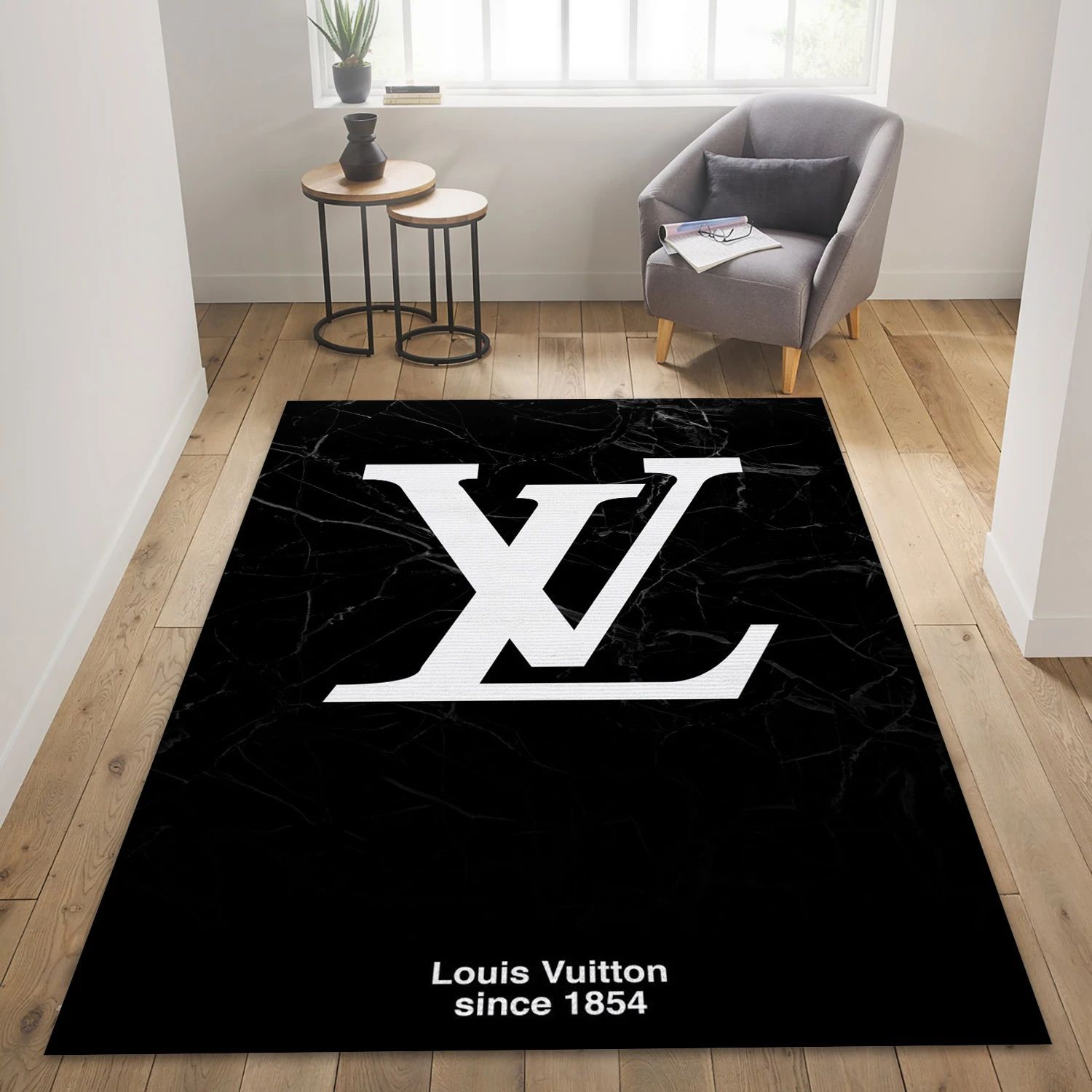 Louis Vuitton Marmor Black Fashion Brand Rectangle Rug, Bedroom Rug - Home US Decor - Indoor Outdoor Rugs