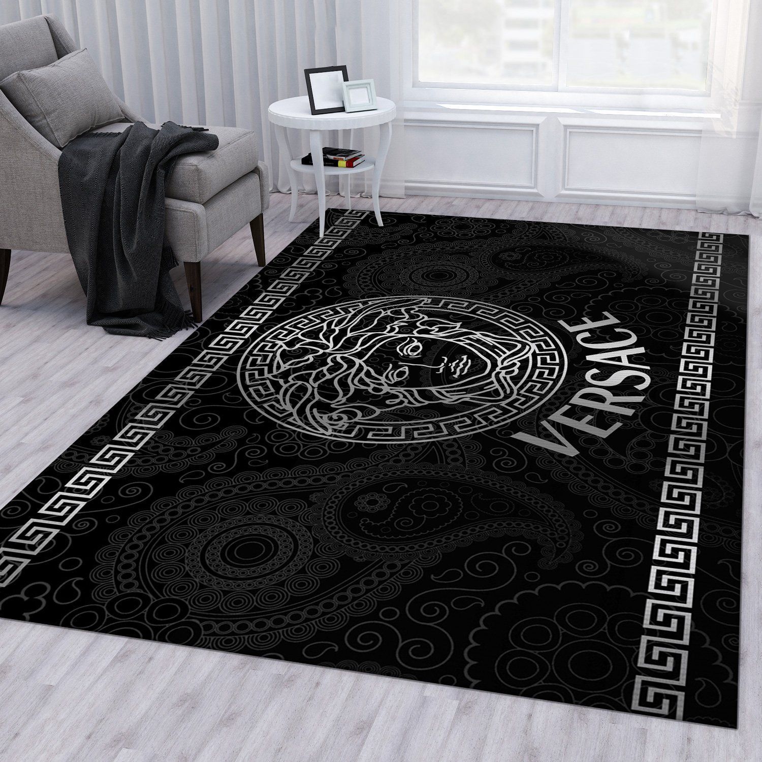 Versace Logo Silver Fashion Brand Living Room Rug Christmas Gift US Decor - Indoor Outdoor Rugs