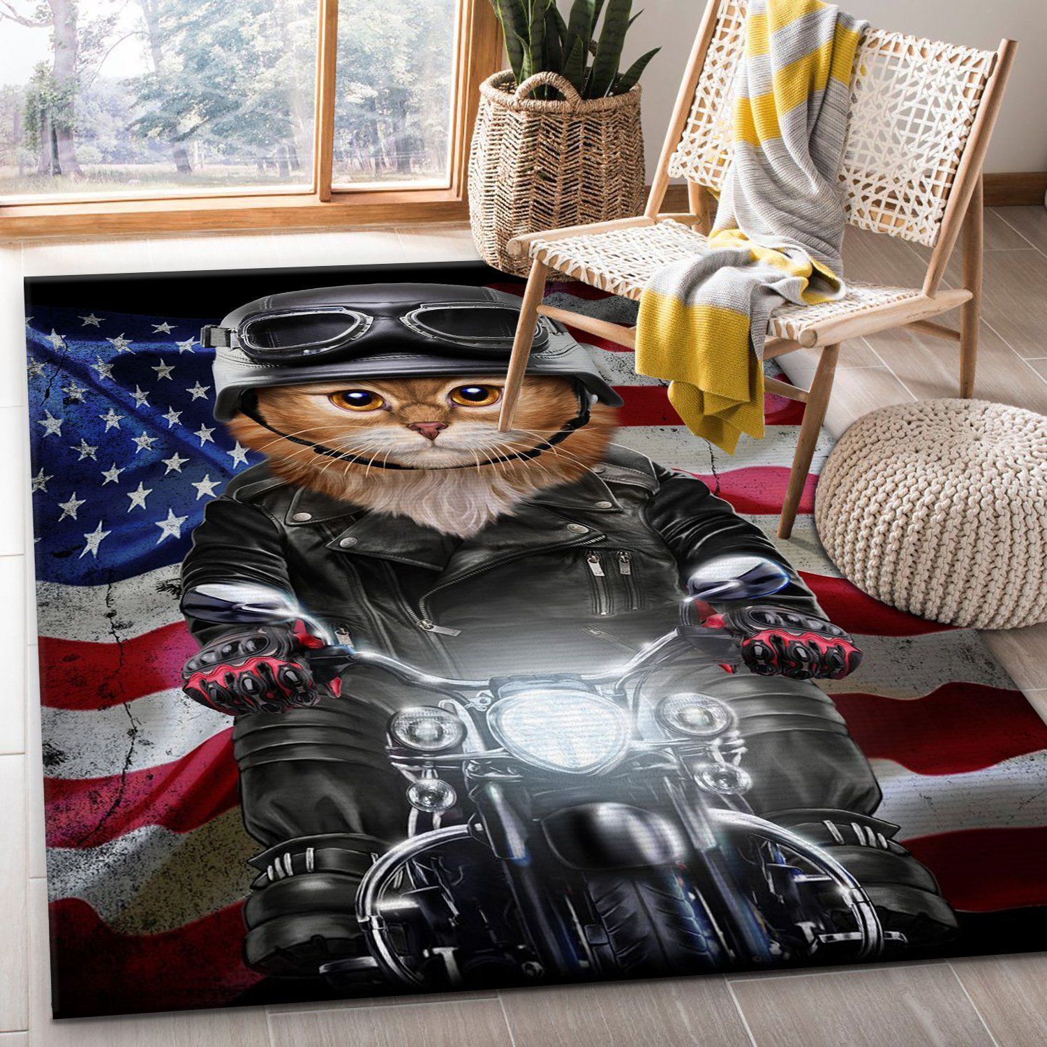 Patriot Cat On Motorcycle Area Rug Kitchen Rug Home US Decor - Indoor Outdoor Rugs