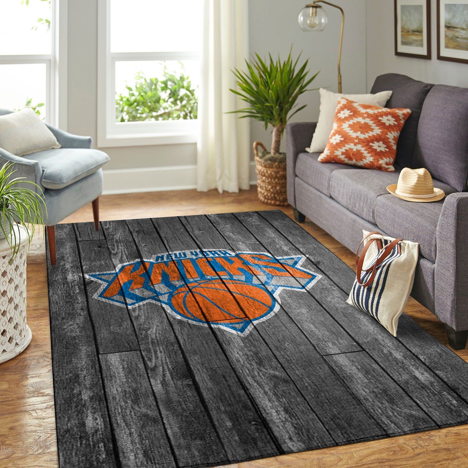 New York Knicks Nba Team Logo Grey Wooden Style Nice Gift Home Decor Rectangle Area Rug - Indoor Outdoor Rugs