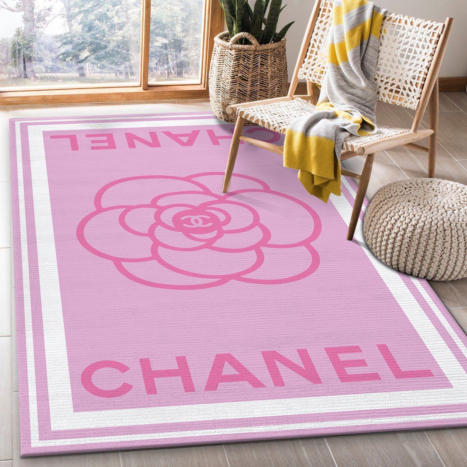 Chanel Logo Pink And White Living Room Area Carpet Living Room Rugs The US Decor - Indoor Outdoor Rugs