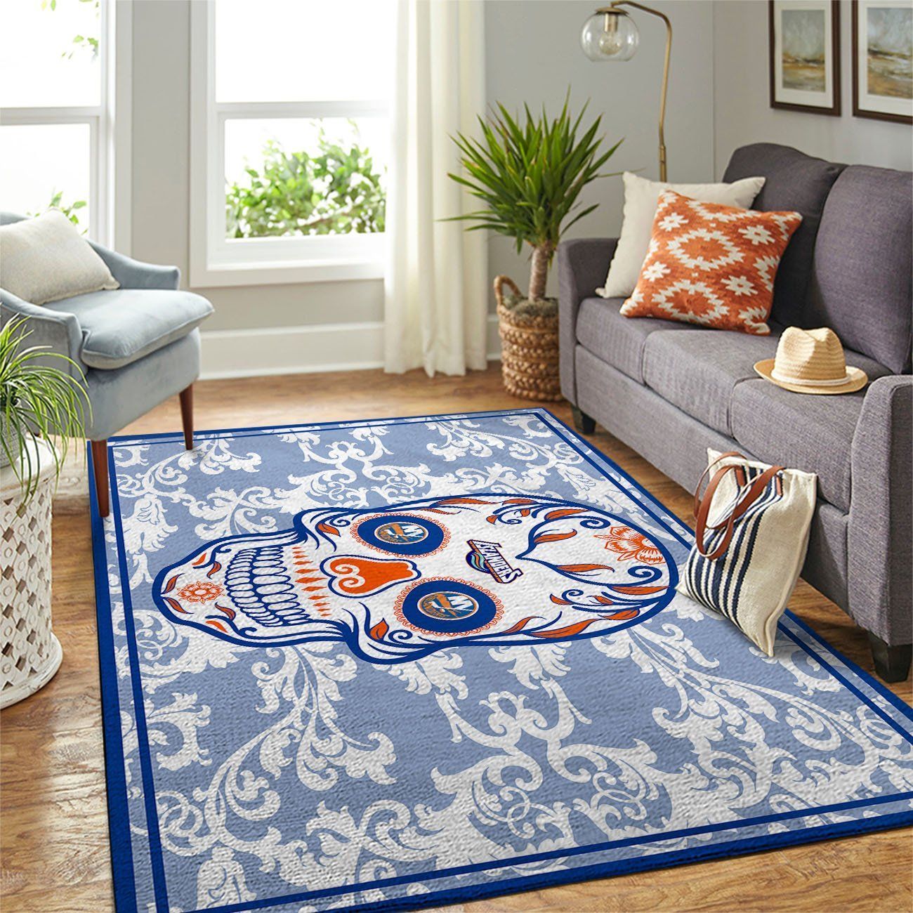 New York Islanders Nhl Team Logo Skull Flower Style Nice Gift Home Decor Rectangle Area Rug - Indoor Outdoor Rugs