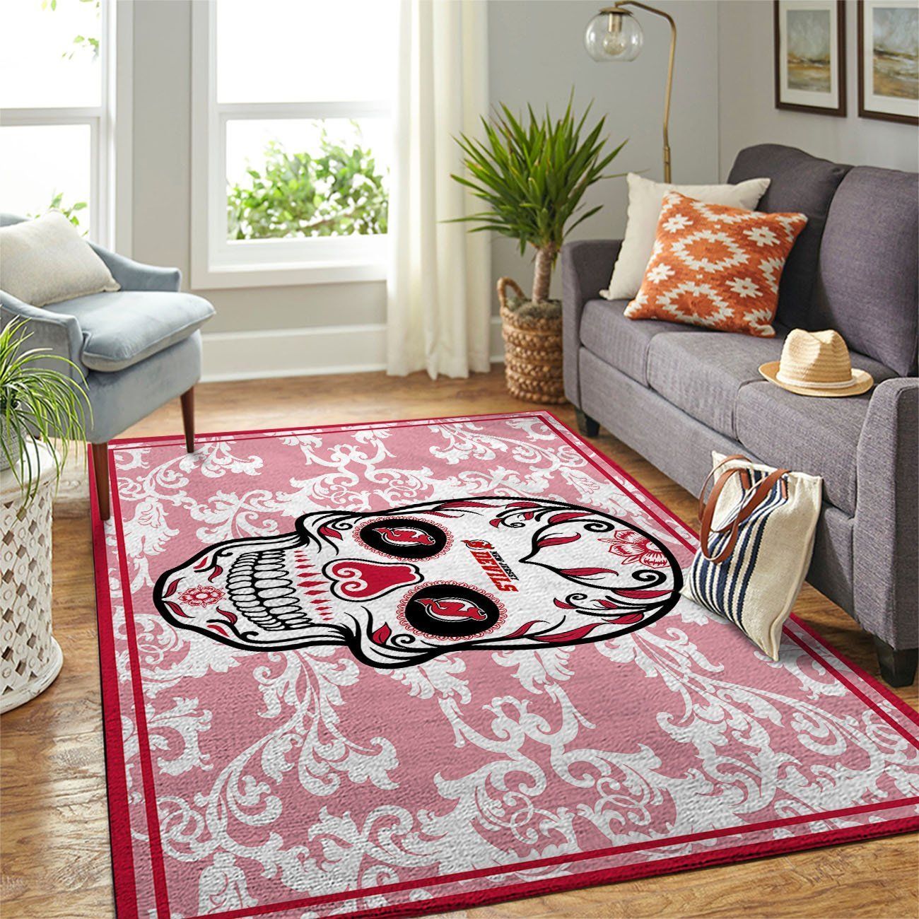 New Jersey Devils Nhl Team Logo Skull Flower Style Nice Gift Home Decor Rectangle Area Rug - Indoor Outdoor Rugs