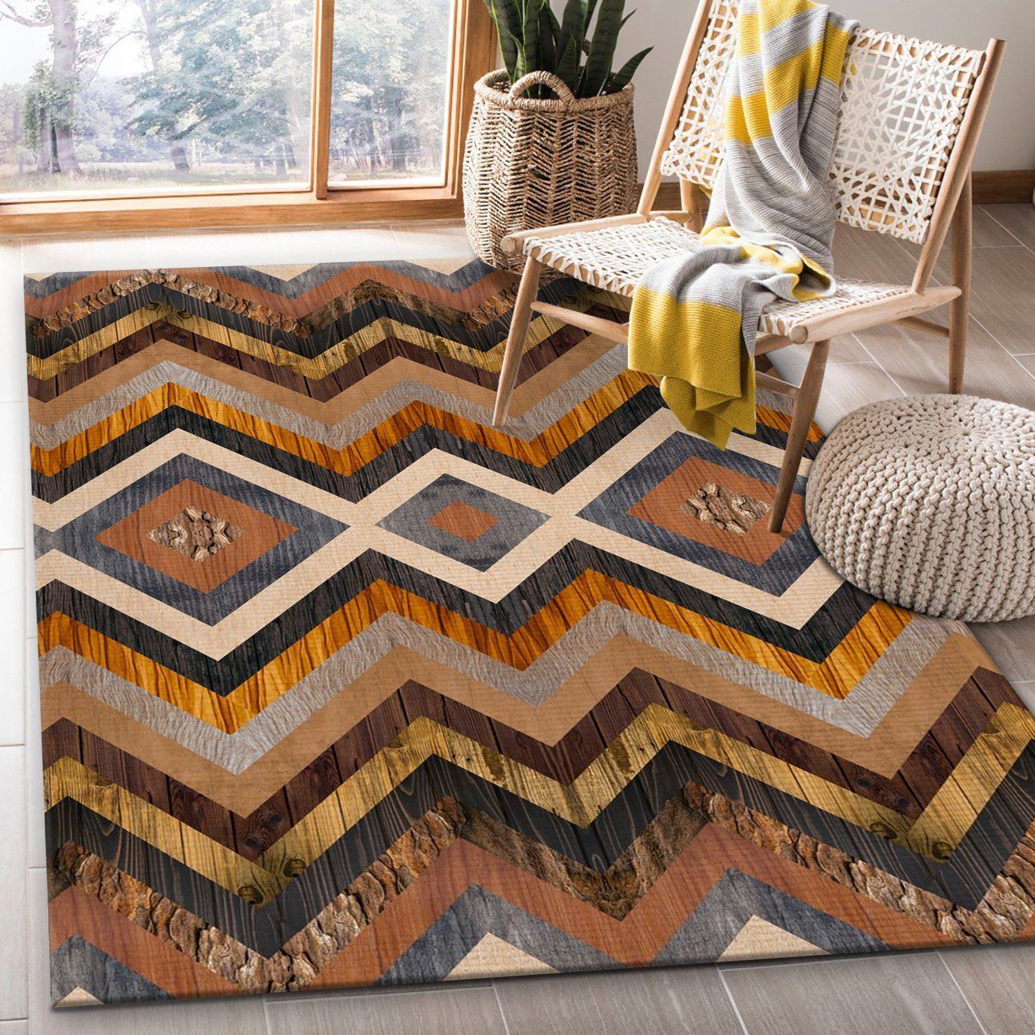 Wooden Geometric Pattern 1 Area Rug Carpet, Bedroom, Home Decor Floor Decor - Indoor Outdoor Rugs