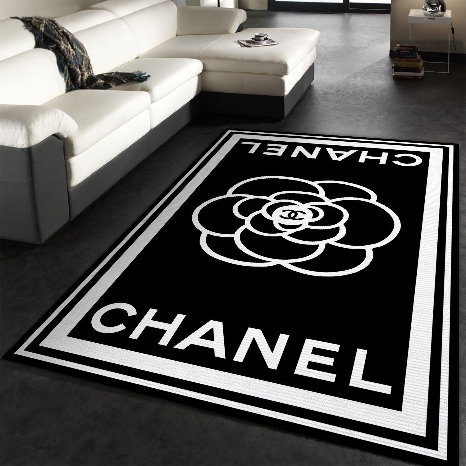 Chanel Logo Black And White Living Room Area Carpet Living Room Rugs ...