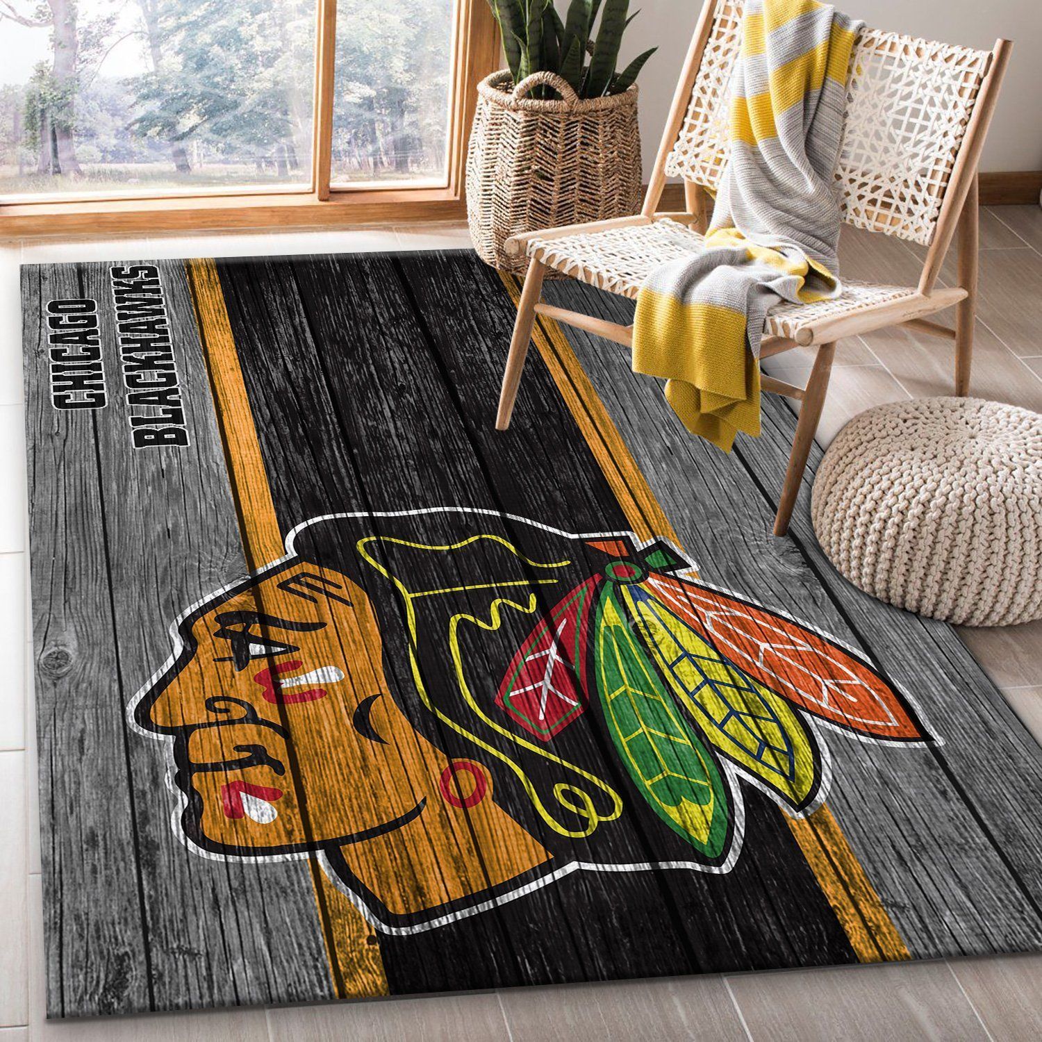 Chicago Blackhawks NHL Team Logo Wooden Style Nice Gift Home Decor Rectangle Area Rug - Indoor Outdoor Rugs