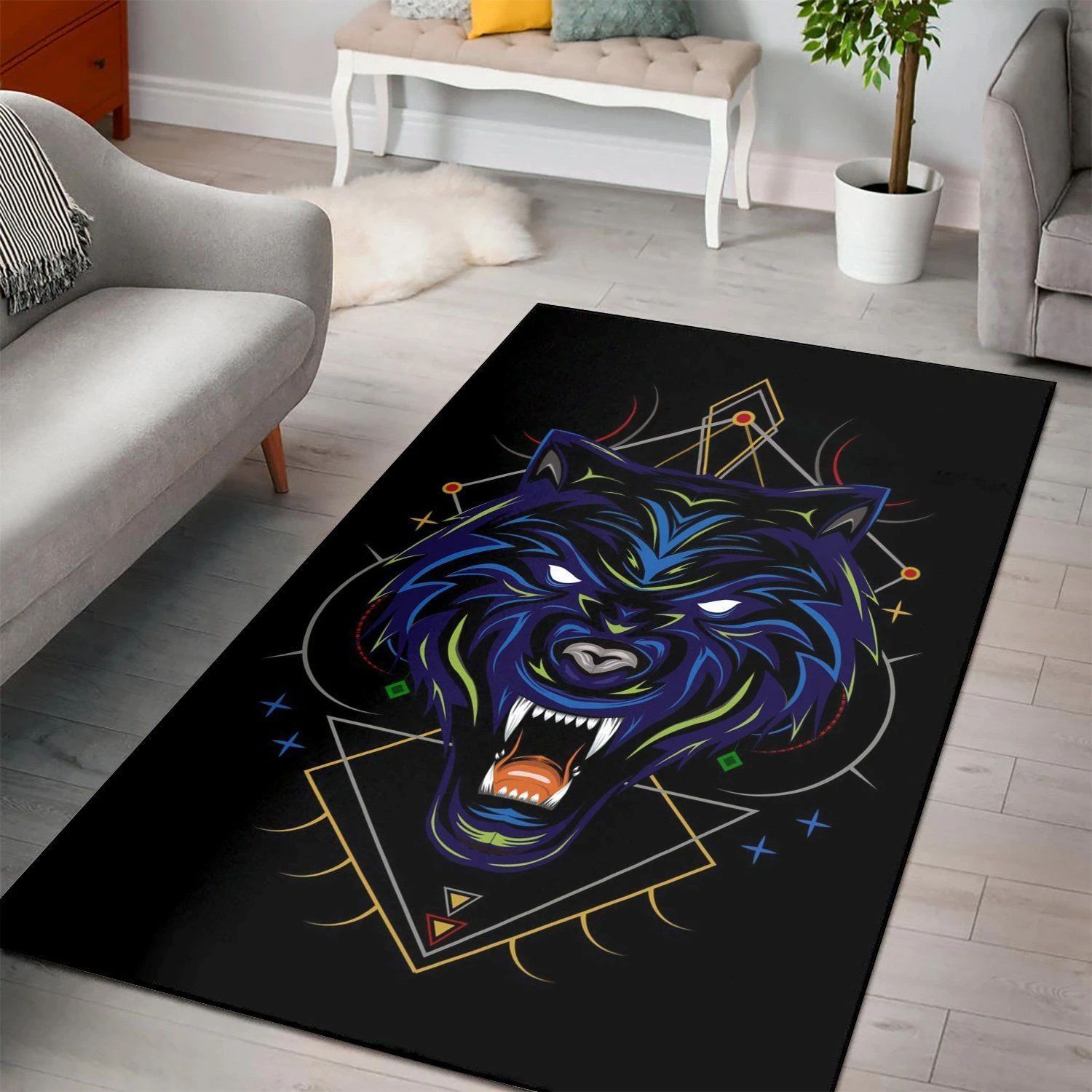 Blue Wolf Illustration Living Room Area Rug, Room Rugs, Floor Decor Home Decor - Indoor Outdoor Rugs