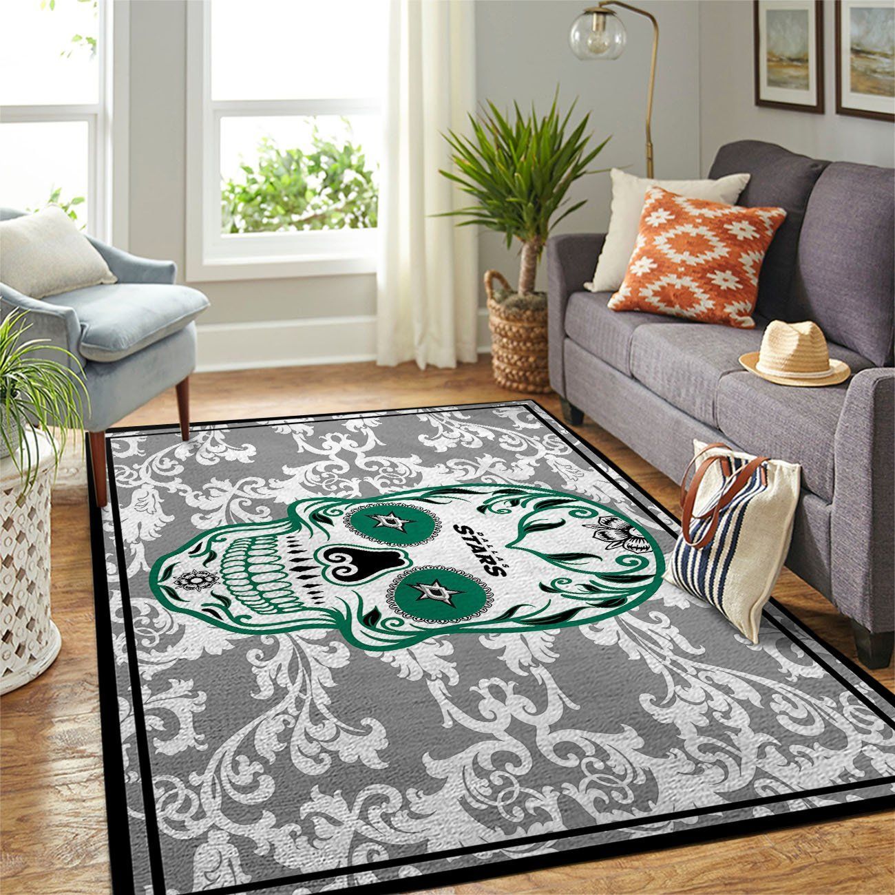 Dallas Stars Nhl Team Logo Skull Flower Style Nice Gift Home Decor Rectangle Area Rug - Indoor Outdoor Rugs