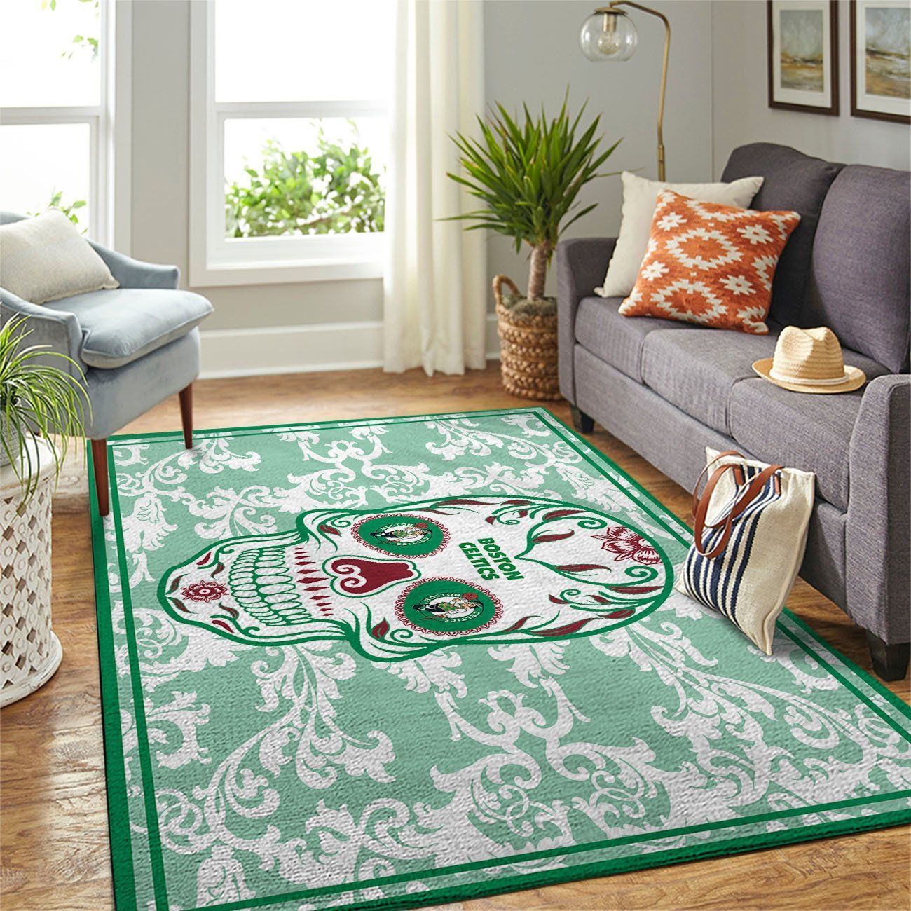 Boston Celtics Nba Team Logo Skull Flower Style Nice Gift Home Decor Rectangle Area Rug - Indoor Outdoor Rugs