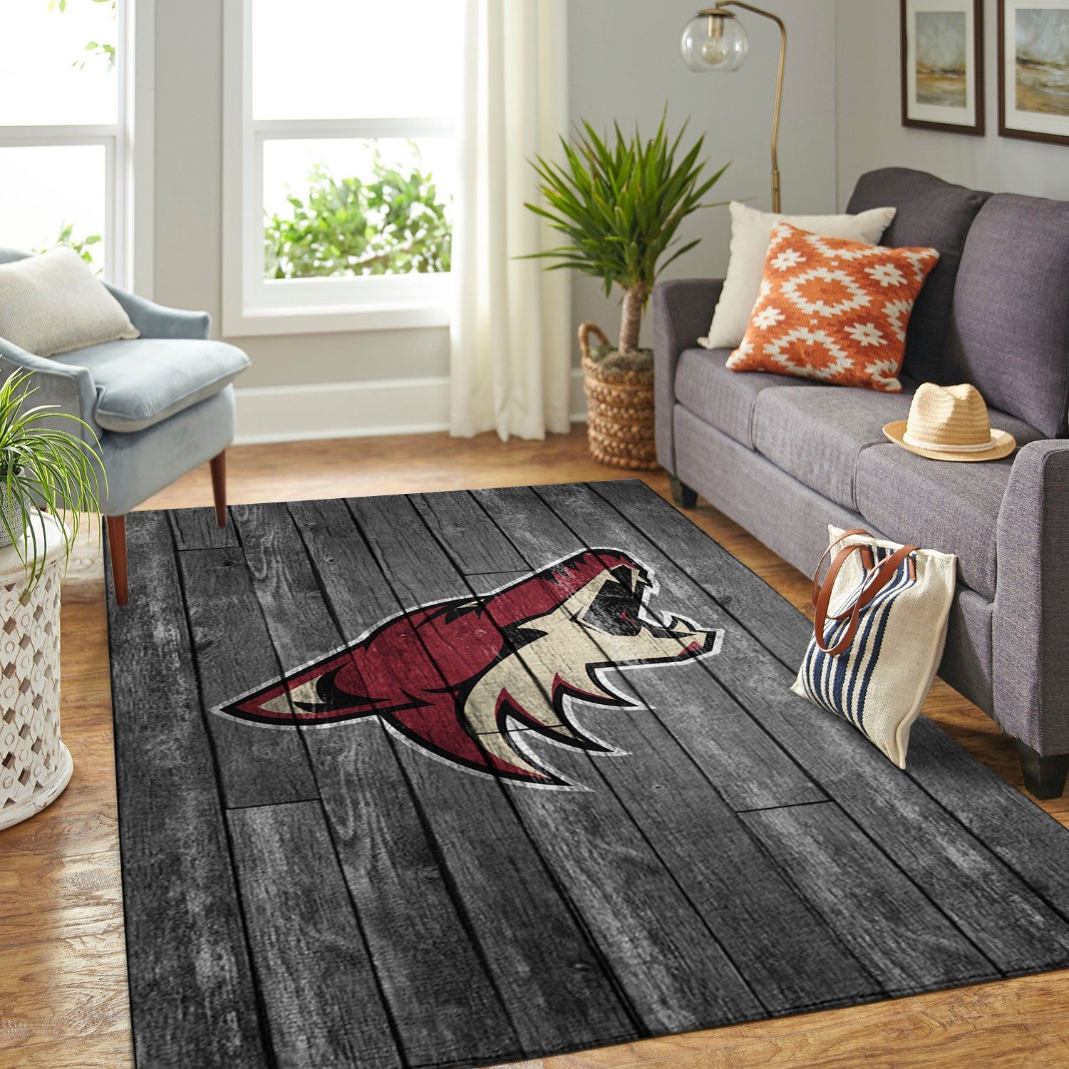 Arizona Coyotes Nhl Team Logo Grey Wooden Style Nice Gift Home Decor Rectangle Area Rug - Indoor Outdoor Rugs