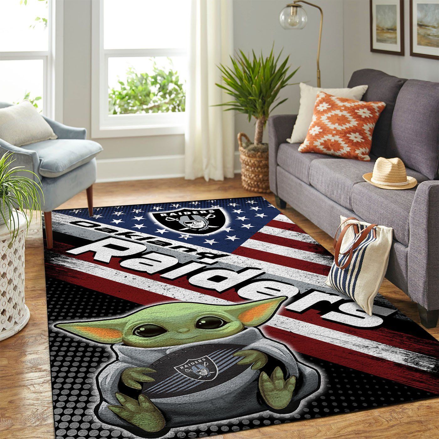 Oakland Raiders Nfl Team Logo Baby Yoda Us Style Nice Gift Home Decor Rectangle Area Rug - Indoor Outdoor Rugs