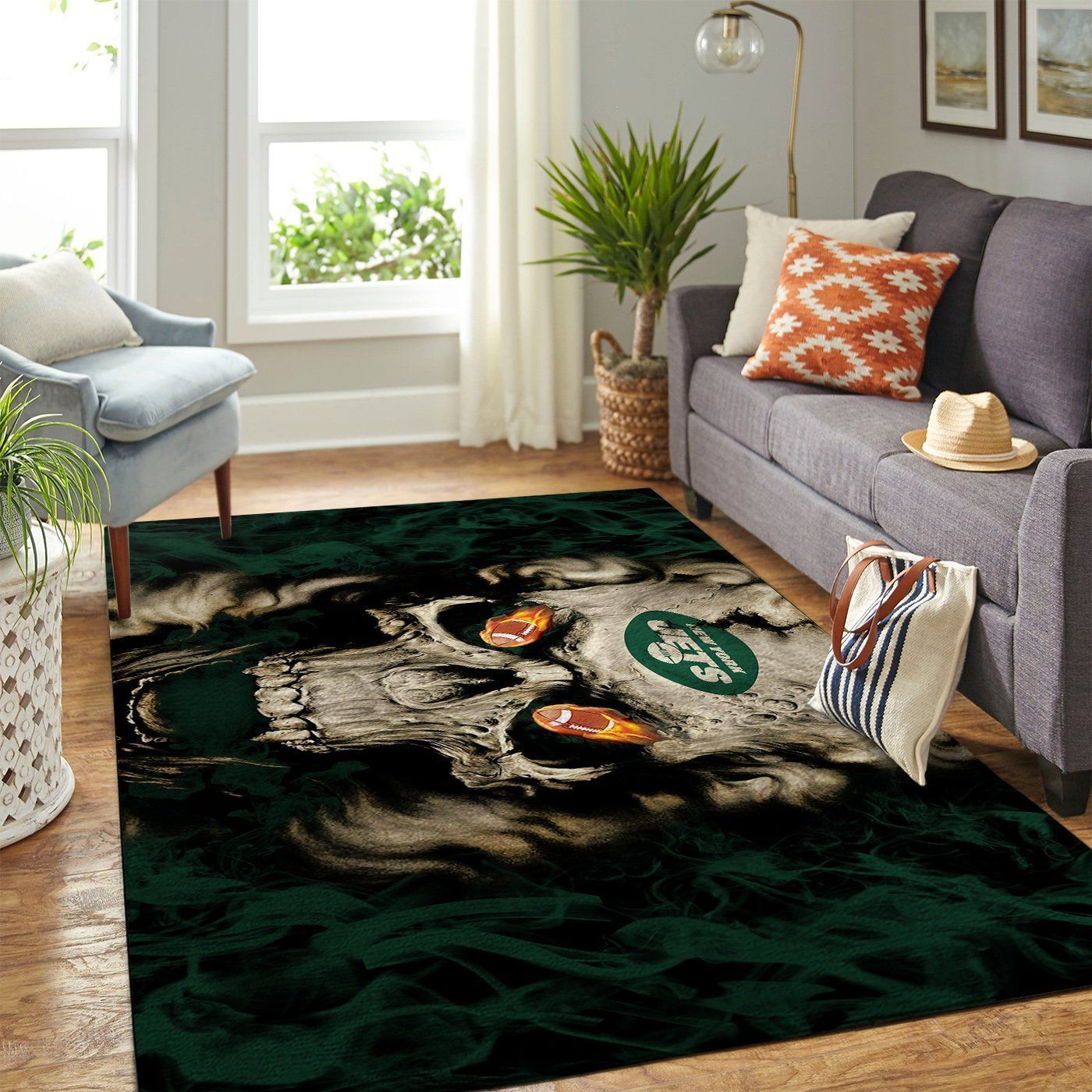 New York Jets Nfl Team Logo Skull Style Nice Gift Home Decor Rectangle Area Rug - Indoor Outdoor Rugs