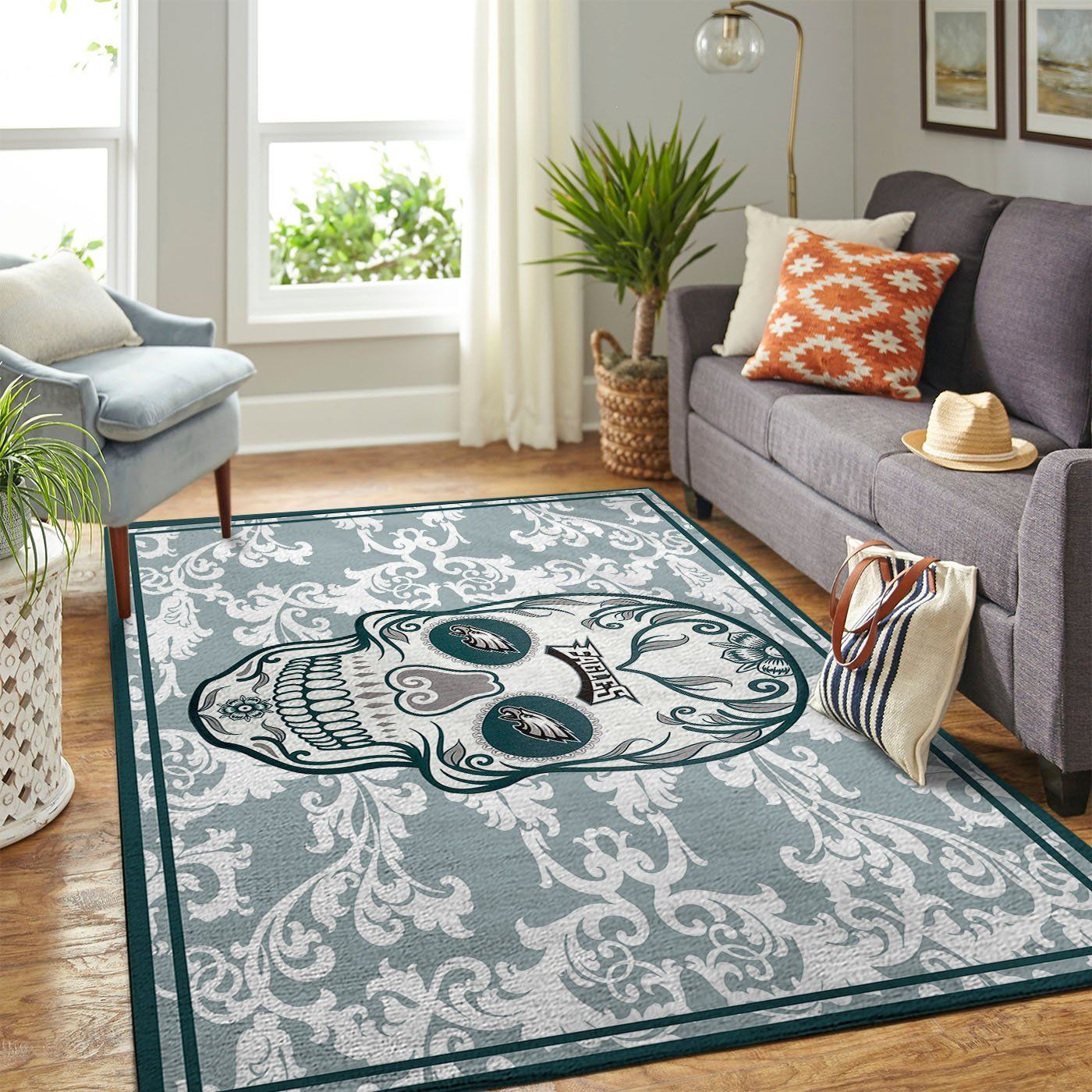 Philadelphia Eagles Nfl Team Logo Skull Flower Style Nice Gift Home Decor Rectangle Area Rug - Indoor Outdoor Rugs