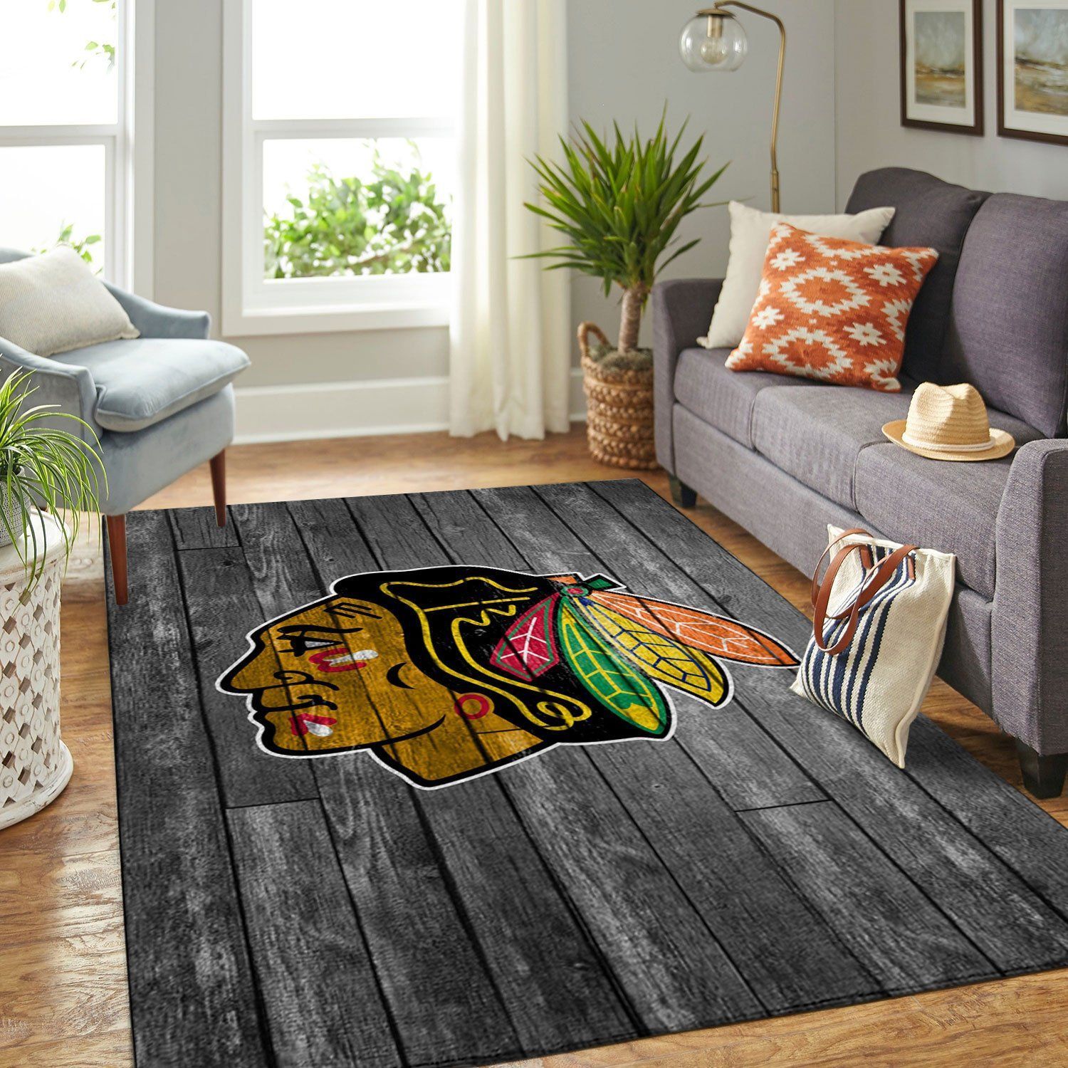 Chicago Blackhawks Nhl Team Logo Grey Wooden Style Nice Gift Home Decor Rectangle Area Rug - Indoor Outdoor Rugs