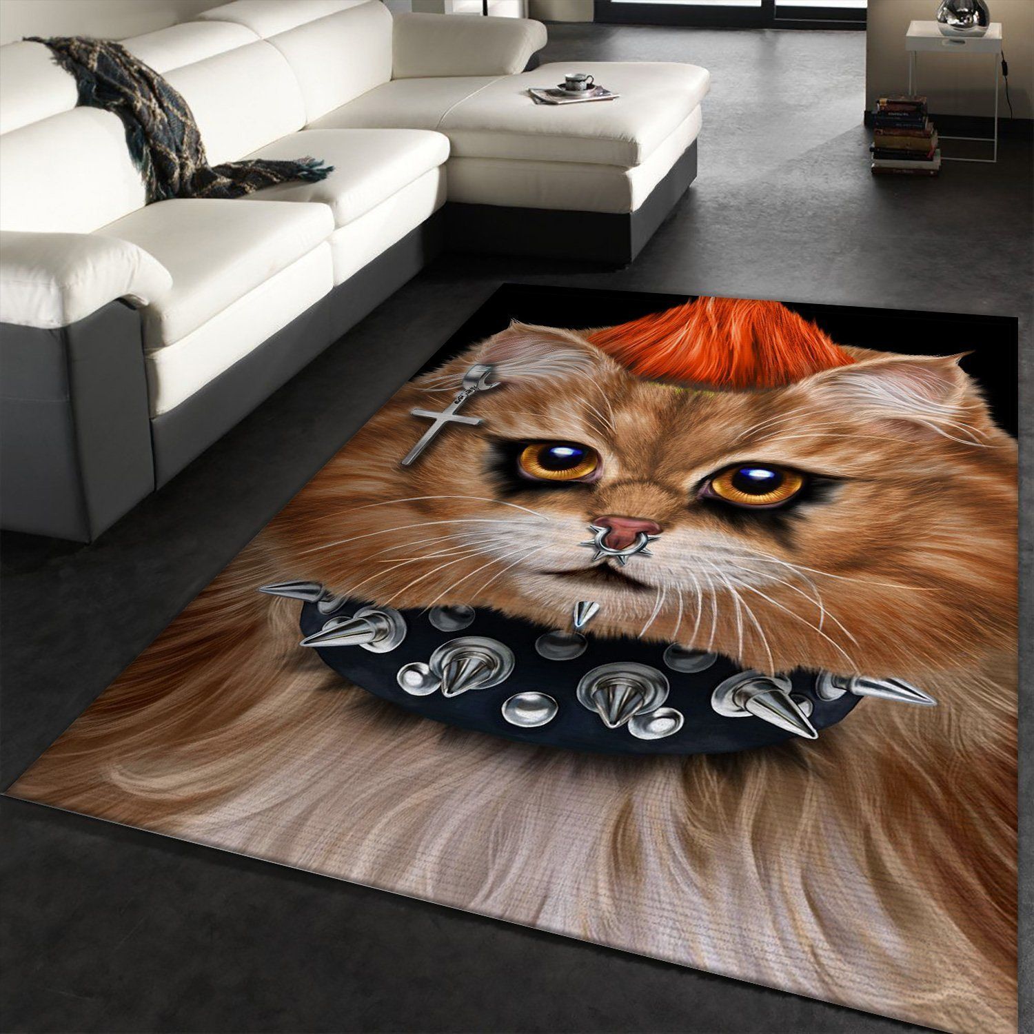 Punk Rock Cat With Mohawk Area Rug Carpet Kitchen Rug US Gift Decor - Indoor Outdoor Rugs