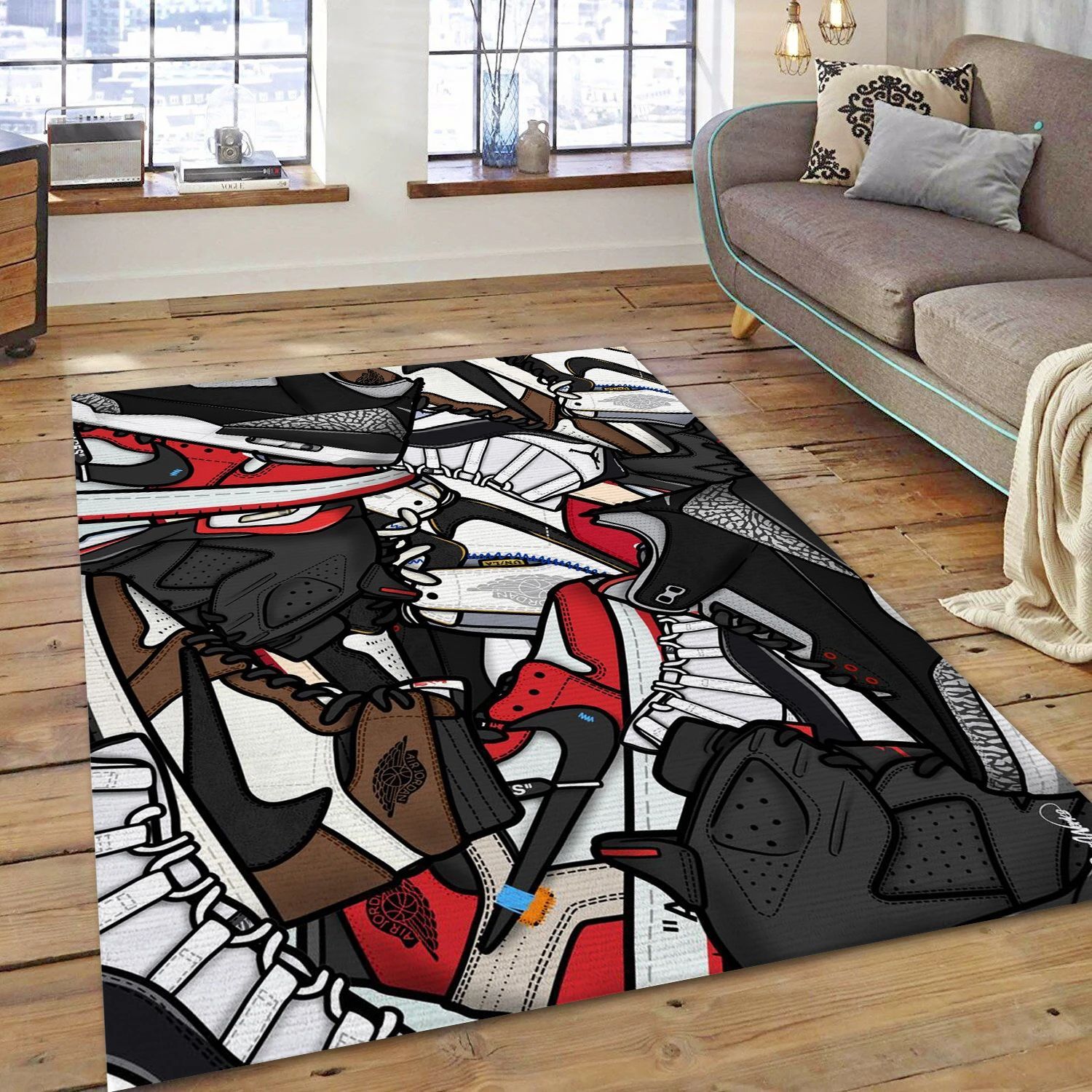 A Pile Of Jordan Sneaker , Living Room Rug - US Gift Decor - Indoor Outdoor Rugs