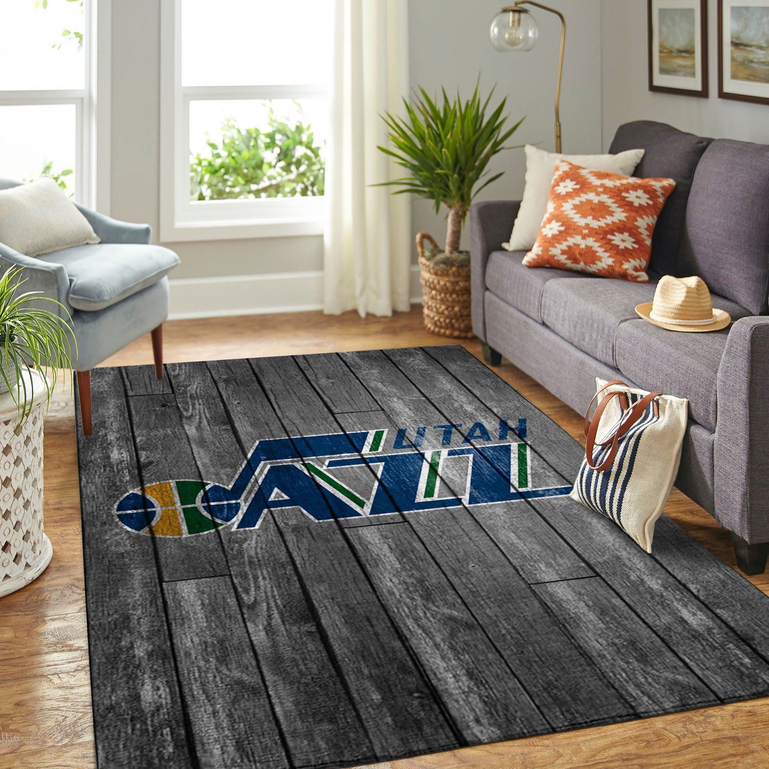 Utah Jazz Nba Team Logo Grey Wooden Style Nice Gift Home Decor Rectangle Area Rug - Indoor Outdoor Rugs