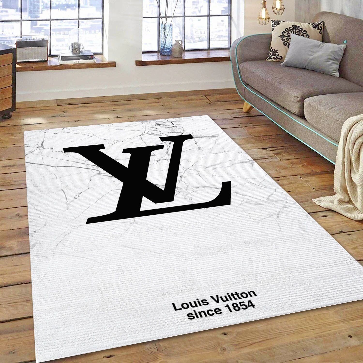 Louis Vuitton Marmor White Fashion Brand Rectangle Rug, Bedroom Rug - US Decor - Indoor Outdoor Rugs