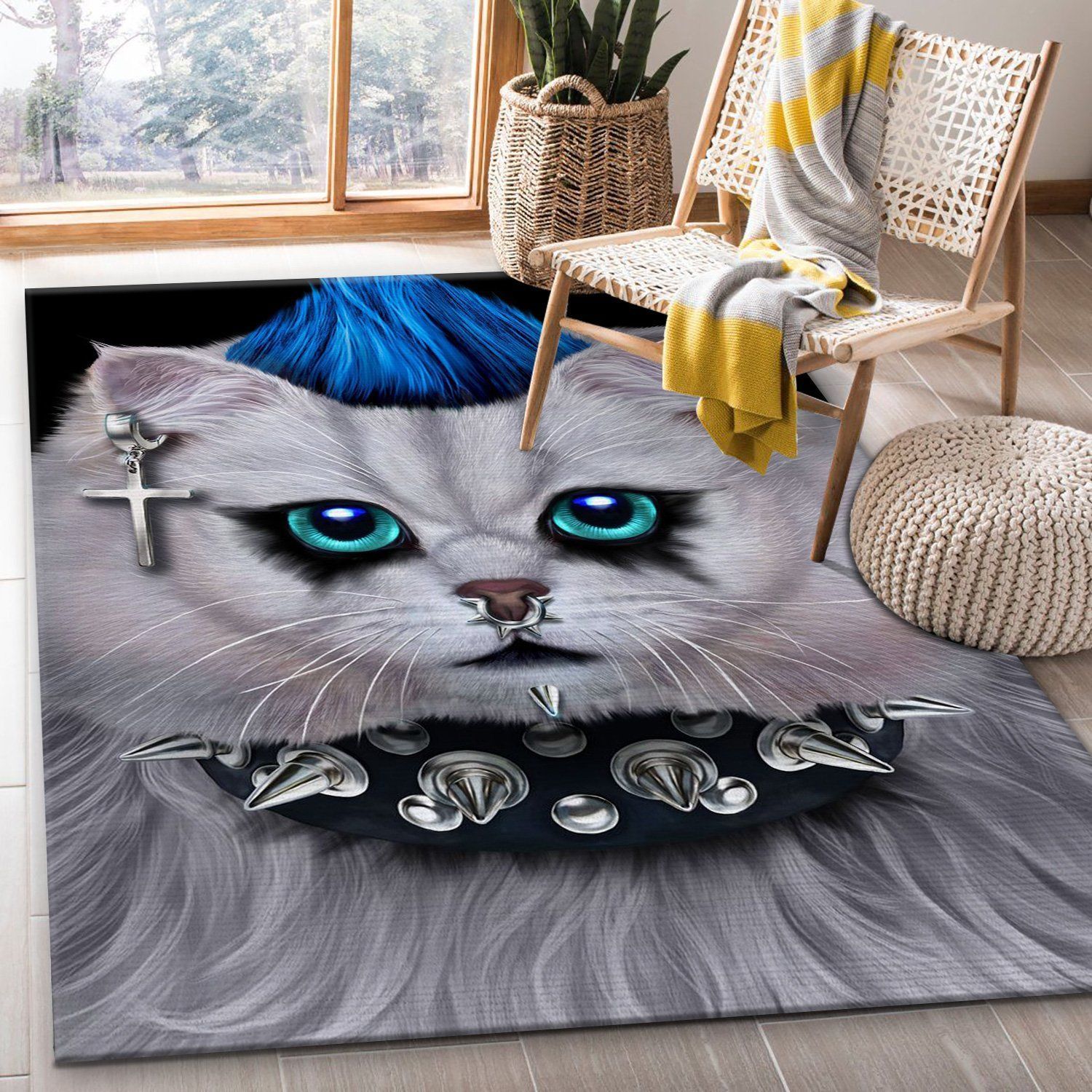 Punk Rock Cat With Mohawk Area Rug For Christmas Kitchen Rug Christmas Gift US Decor - Indoor Outdoor Rugs