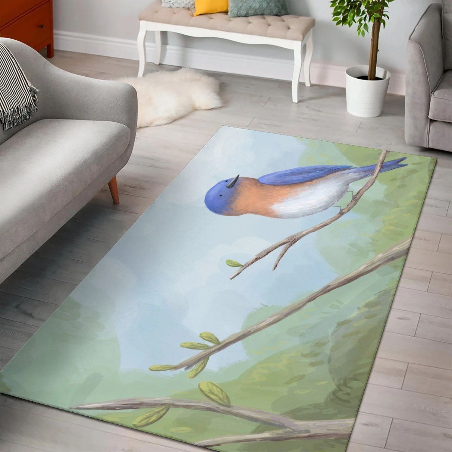 Bluebird On Branch Living Room Area Rug, Room Decor, Floor Decor Home Decor - Indoor Outdoor Rugs