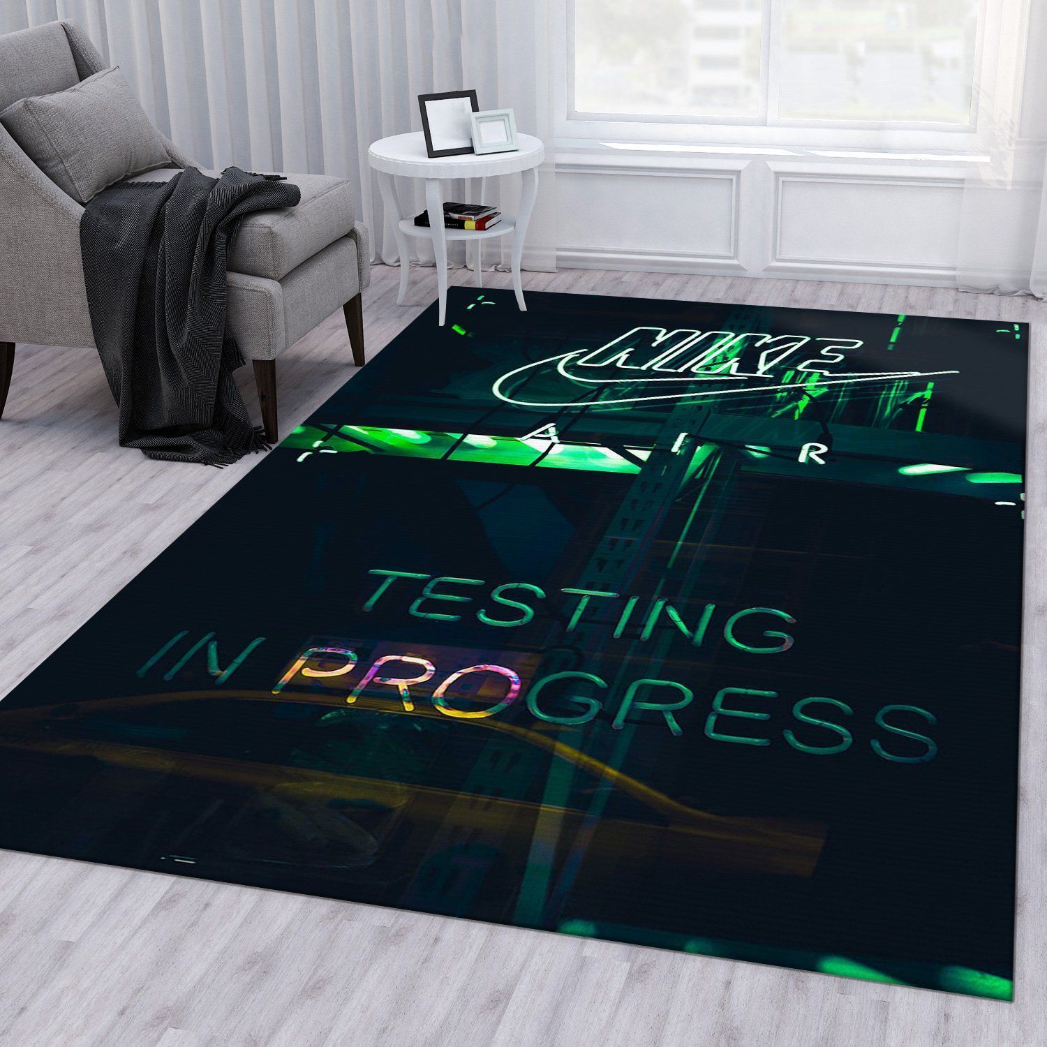 Turned On White Nike Neon Light Area Rug For Gift Living Room Rug Home US Decor - Indoor Outdoor Rugs