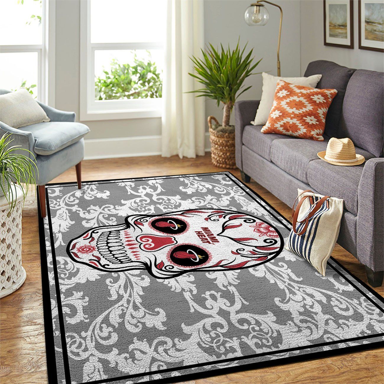 Miami Heat Nba Team Logo Skull Flower Style Nice Gift Home Decor Rectangle Area Rug - Indoor Outdoor Rugs