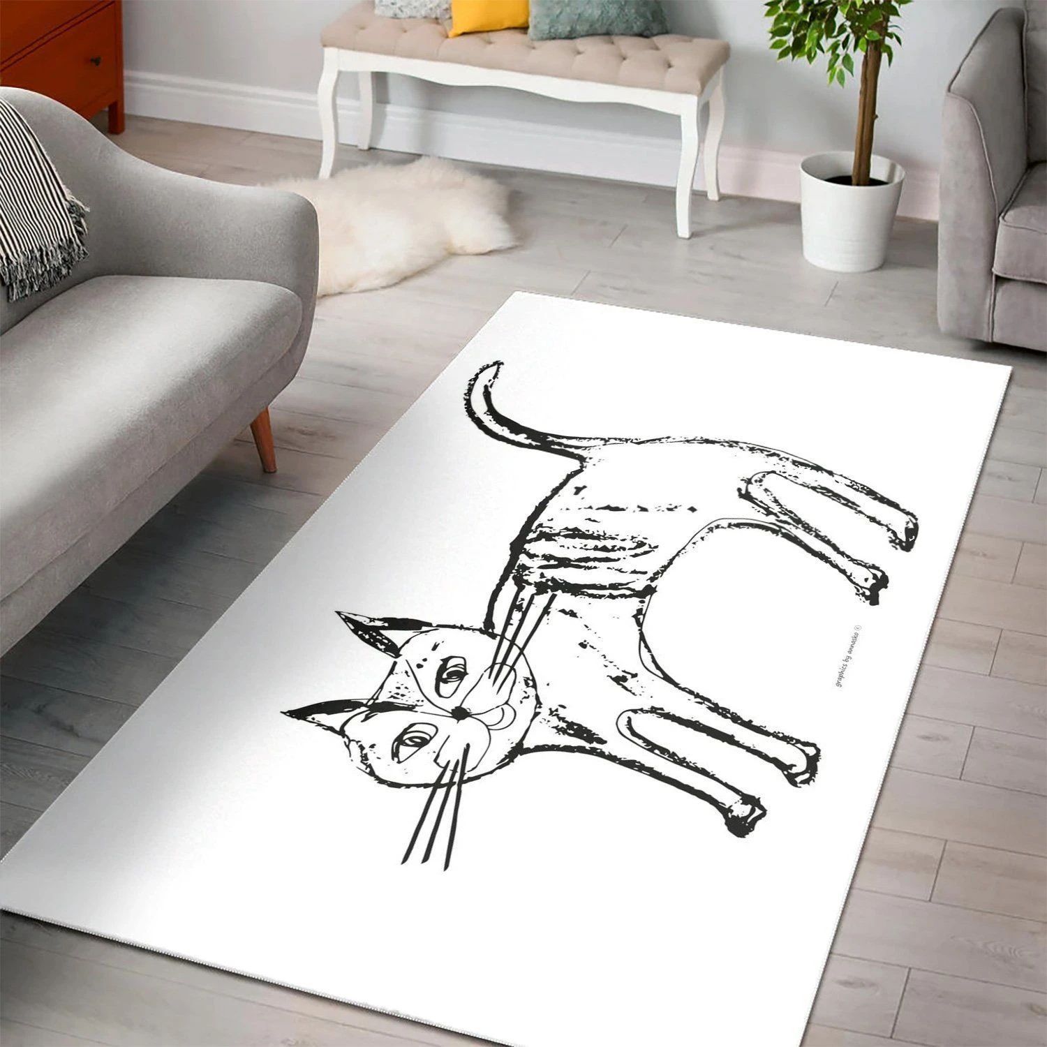 Cat White Black Sketch Area Rug , Christmas Gift, Floor Decor Home Decor - Indoor Outdoor Rugs