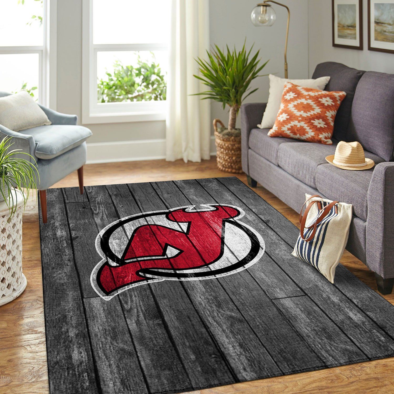 New Jersey Devils Nhl Team Logo Grey Wooden Style Nice Gift Home Decor Rectangle Area Rug - Indoor Outdoor Rugs