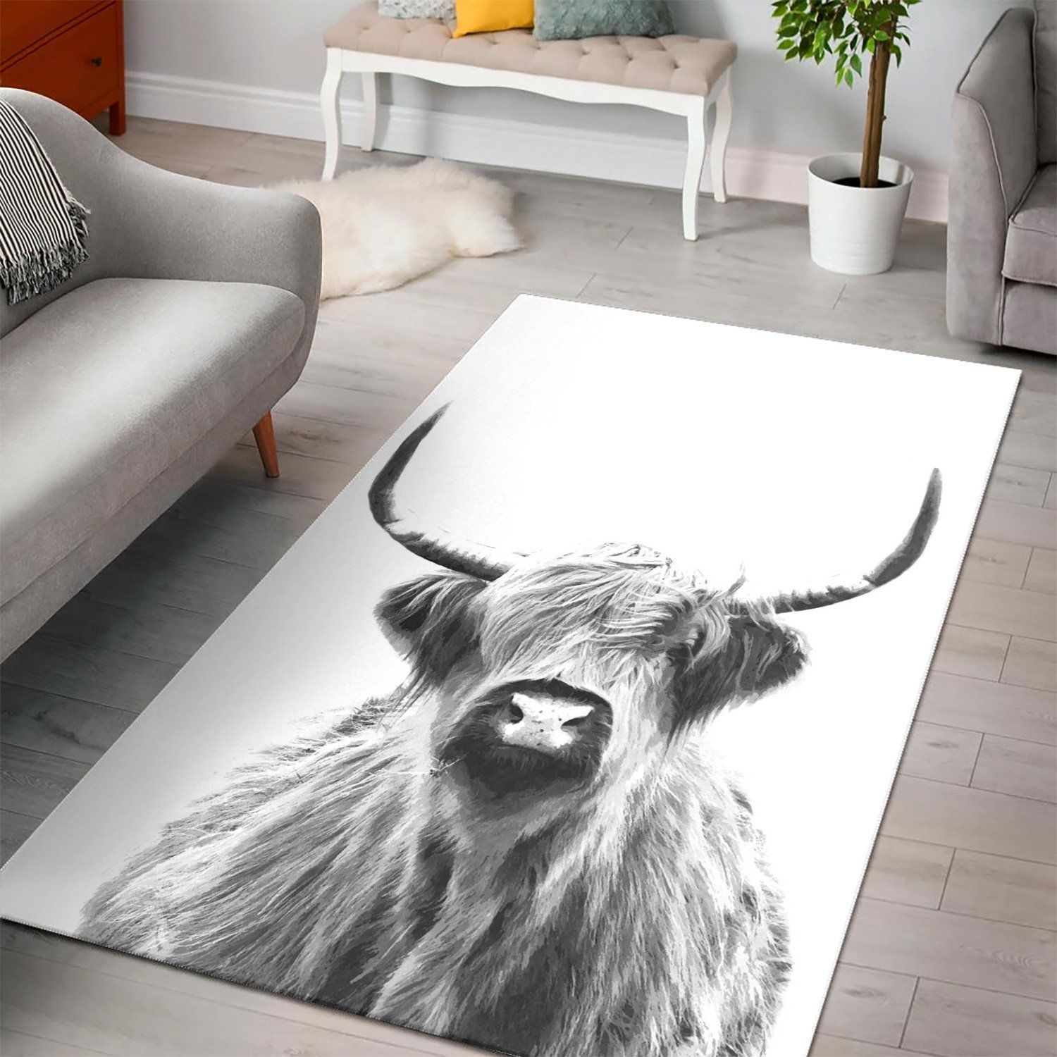 Black White Highland Cow Area Rug , Room Rugs, Floor Decor Home Decor - Indoor Outdoor Rugs