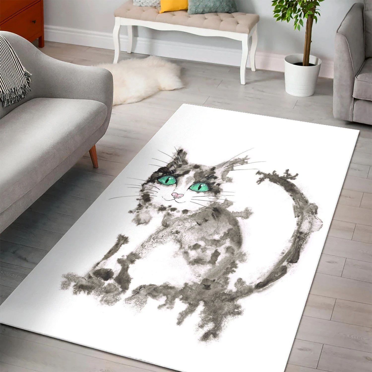 Black Wet Ink Cat Carpet Living Room, Room Rugs, Floor Decor Home Decor - Indoor Outdoor Rugs