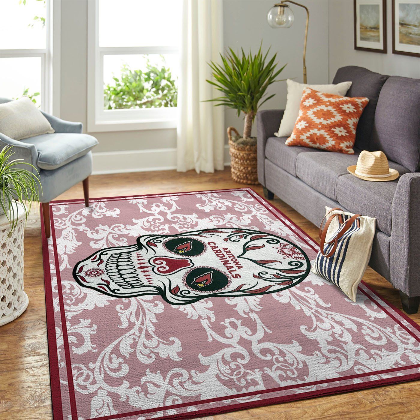 Arizona Cardinals Nfl Team Logo Skull Flower Style Nice Gift Home Decor Rectangle Area Rug - Indoor Outdoor Rugs