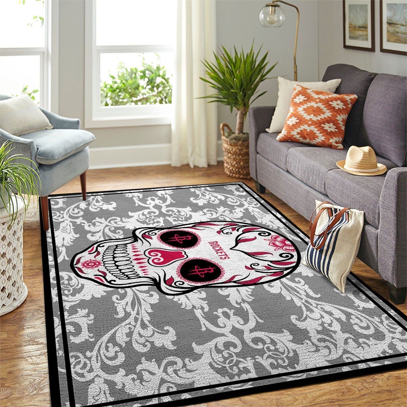 Houston Rockets Nba Team Logo Skull Flower Style Nice Gift Home Decor Rectangle Area Rug - Indoor Outdoor Rugs