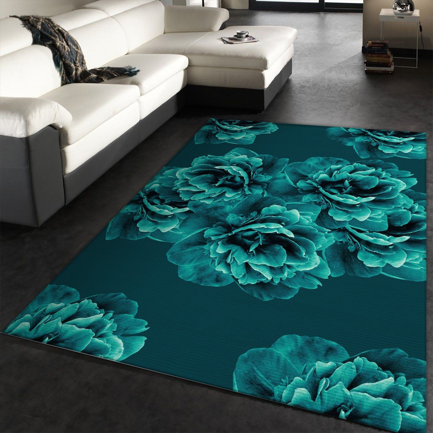 Turquoise Peony Flower 1 Area Rug, Living Room Rug, US Gift Decor - Indoor Outdoor Rugs