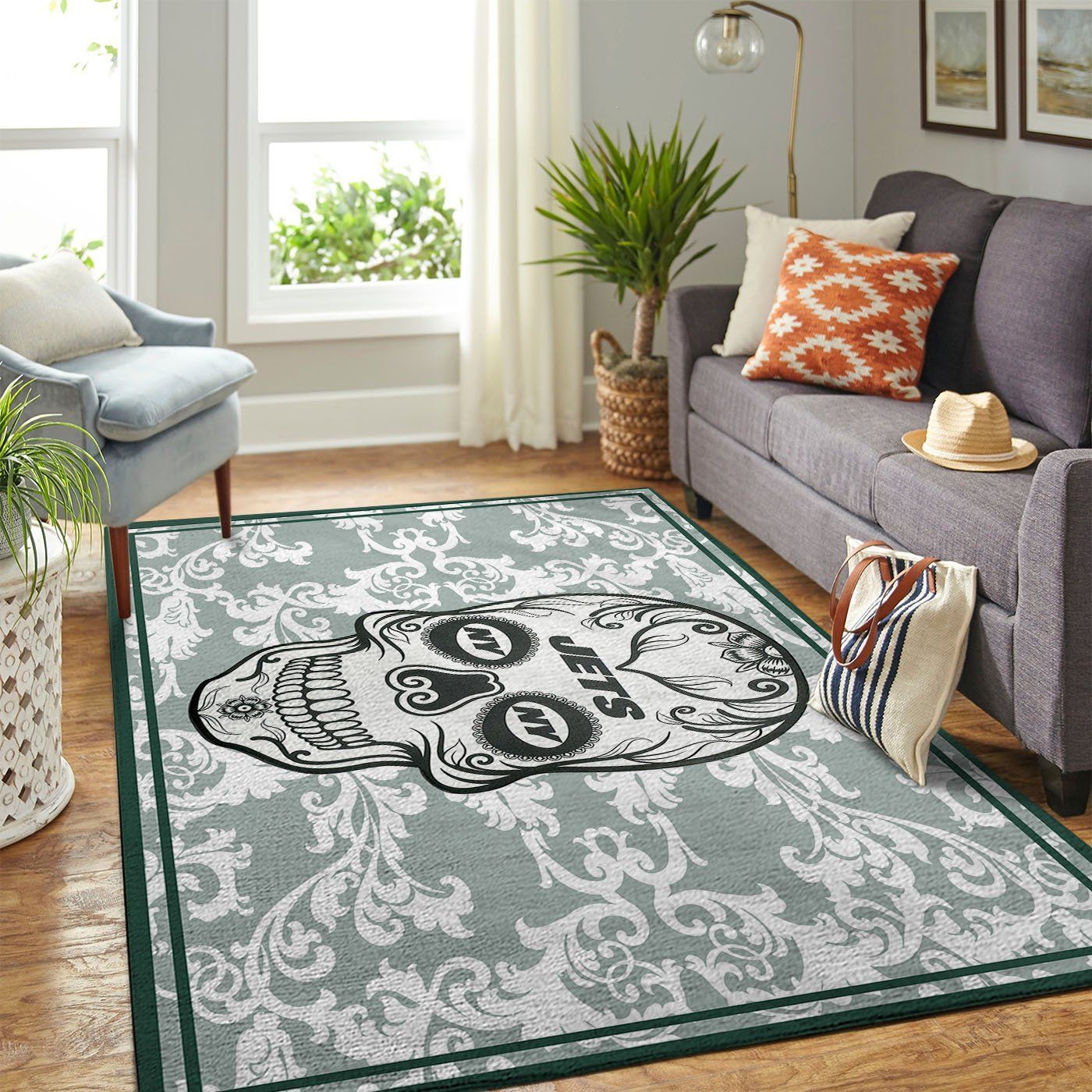 New York Jets Nfl Team Logo Skull Flower Style Nice Gift Home Decor Rectangle Area Rug - Indoor Outdoor Rugs