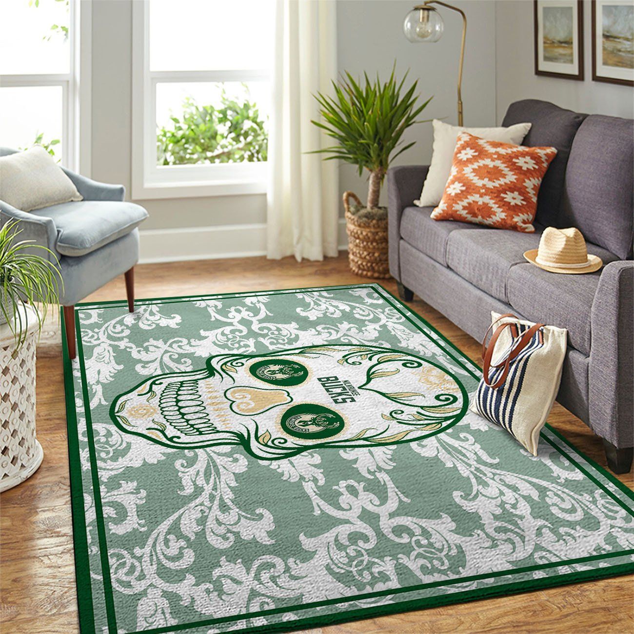 Milwaukee Bucks Nba Team Logo Skull Flower Style Nice Gift Home Decor Rectangle Area Rug - Indoor Outdoor Rugs